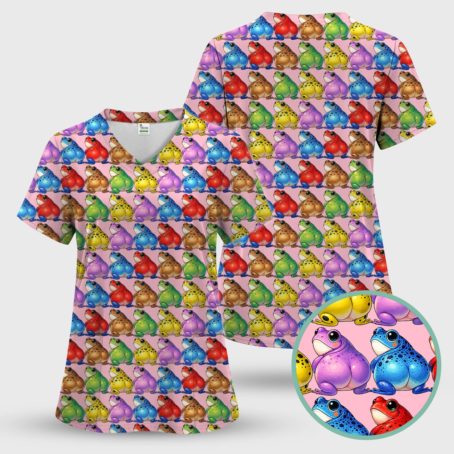Funny Colorful Frogs Pattern Scrubs Sets, Scrub Pants and V Neck Top