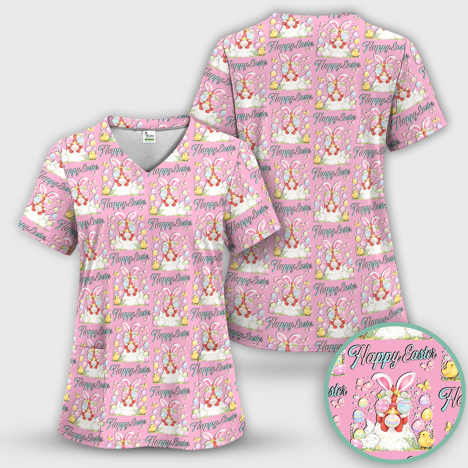 Happy Easter Bunny Eggs Pattern Scrub Top, Comfortable Scrubs for Nurses