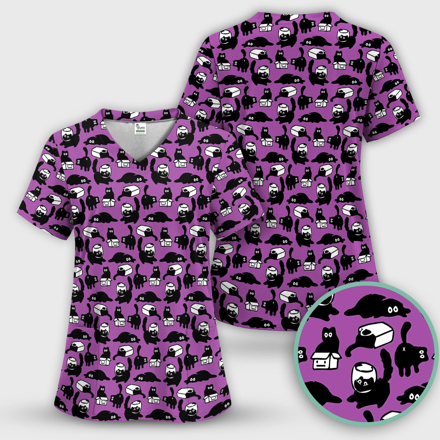 Dark Playful Cat Cartoon Pattern Scrub Top, Comfortable Scrubs for Nurses
