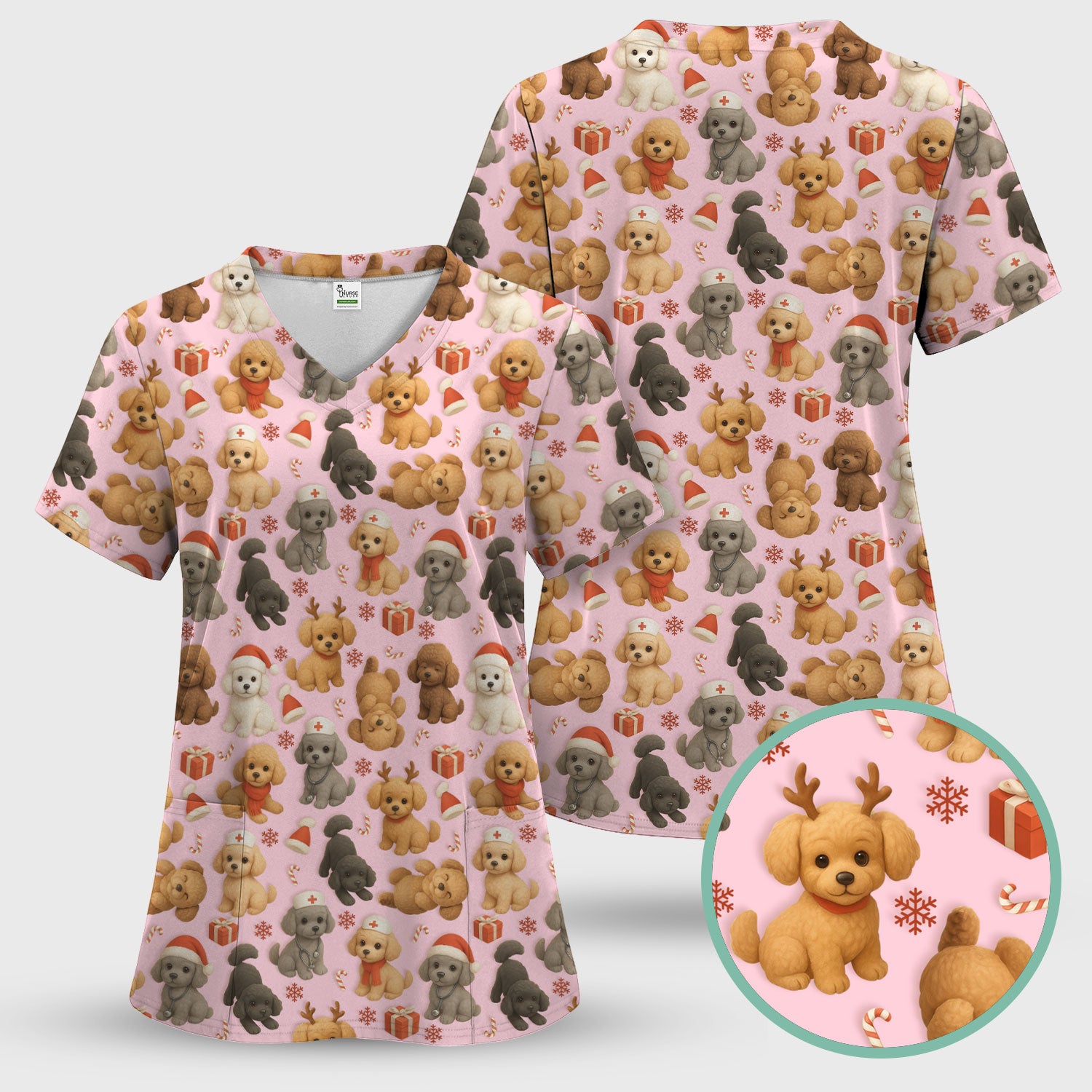 Christmas Poodle Scrubs Set for Women - Cute Dog Pattern Scrub Top & Pants - Festive Holiday Christmas Scrubs with Adorable Poodle Design
