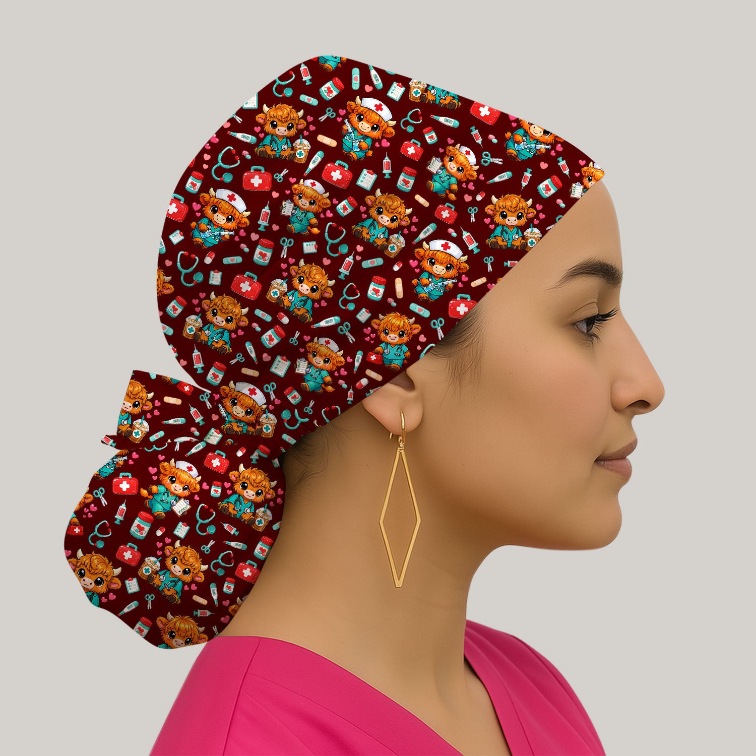 Cute Highland Cow Nurse Scrub Cap, Kawaii Medical Pattern Hat, Breathable Fabrics Nursing Uniform