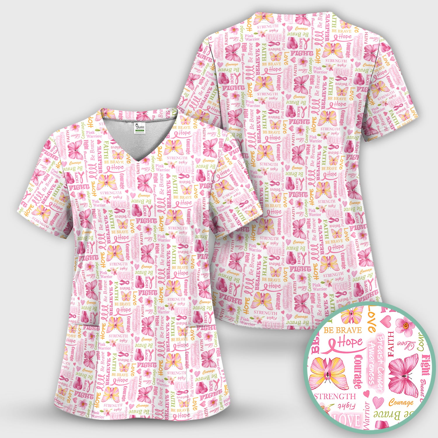 Pink Ribbon Butterfly Print Scrub Top, Comfortable Scrubs for Nurses