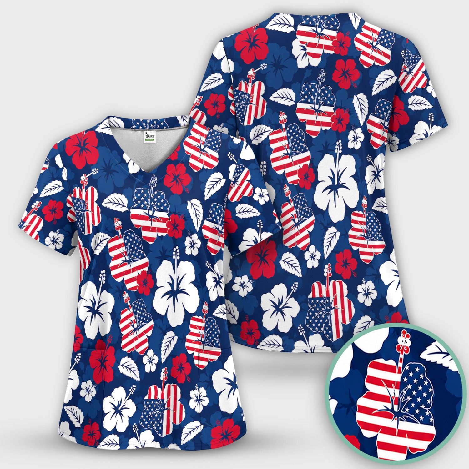 Patriotic Hibiscus Flag Floral Print Scrub Set, Scrub Pants and V Neck Top