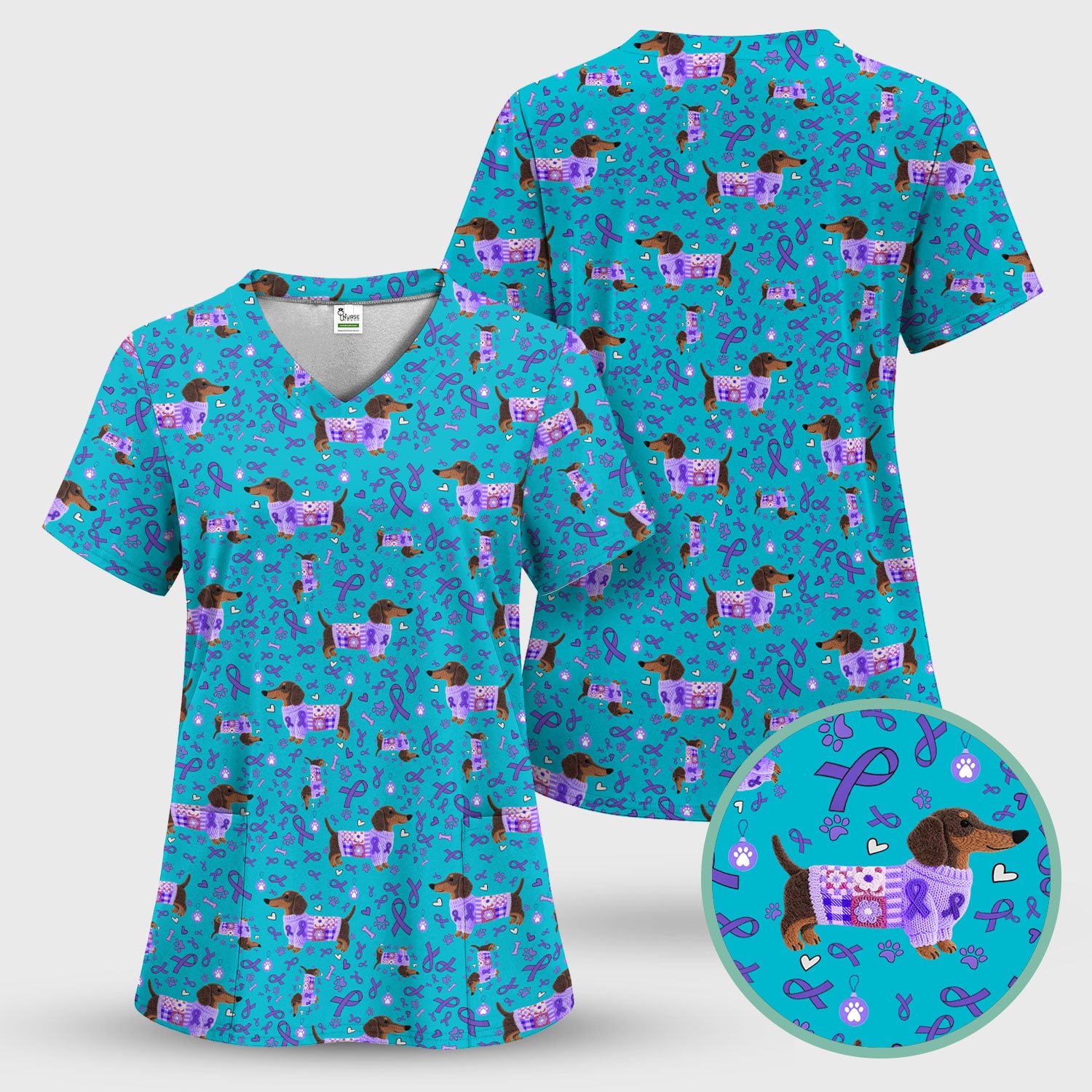 Wiener Dog Purple Ribbon Cancer Awareness Scrub - Breathable Fabrics Nursing Uniform - Comfortable Scrubs for Nurses