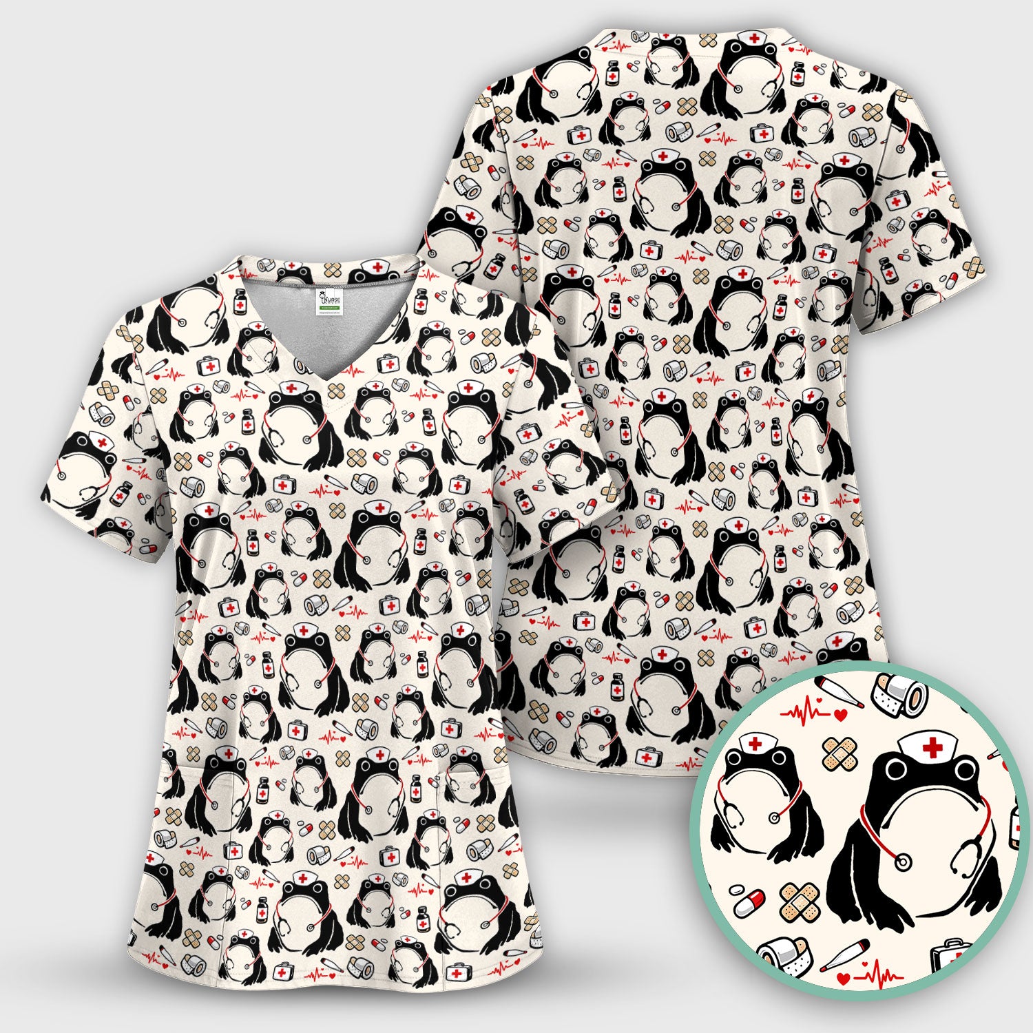Cute Frog Nurse Medical Print Scrub Top, Comfortable Scrubs for Nurses