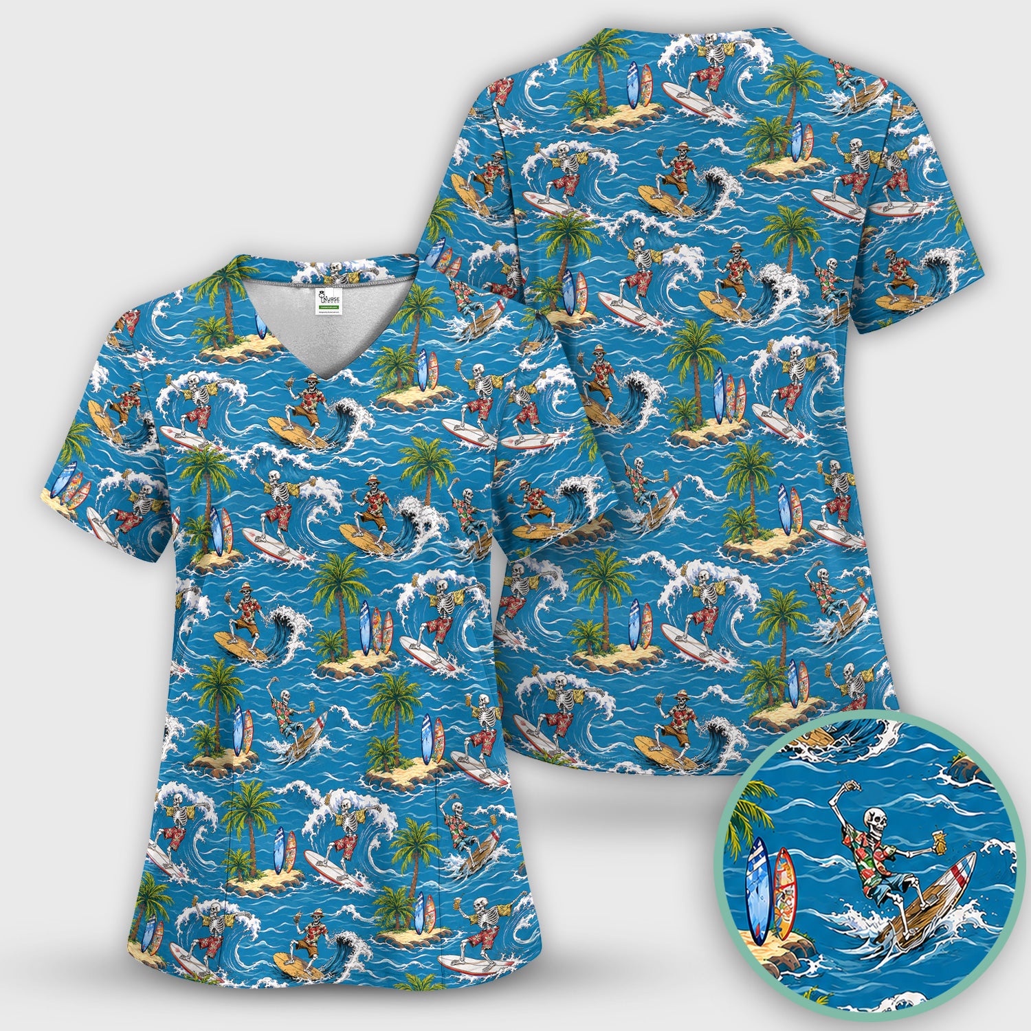 Spooky Tropical Skeleton Surfer Pattern Scrub Top, Comfortable Scrubs for Nurses
