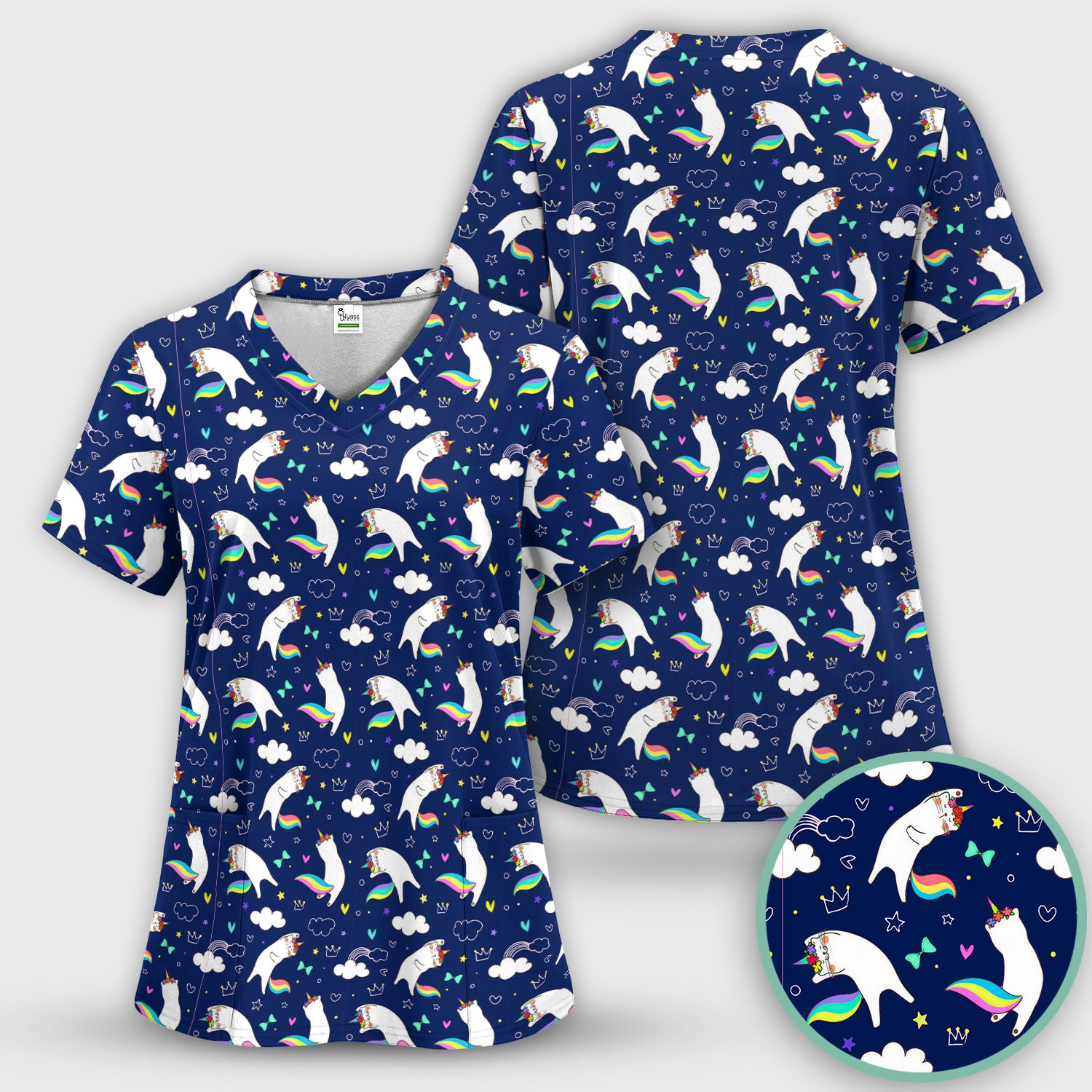 Unicorn Cat With Rainbow Tail Clouds Scrub Set, Scrub Pants and V Neck Top