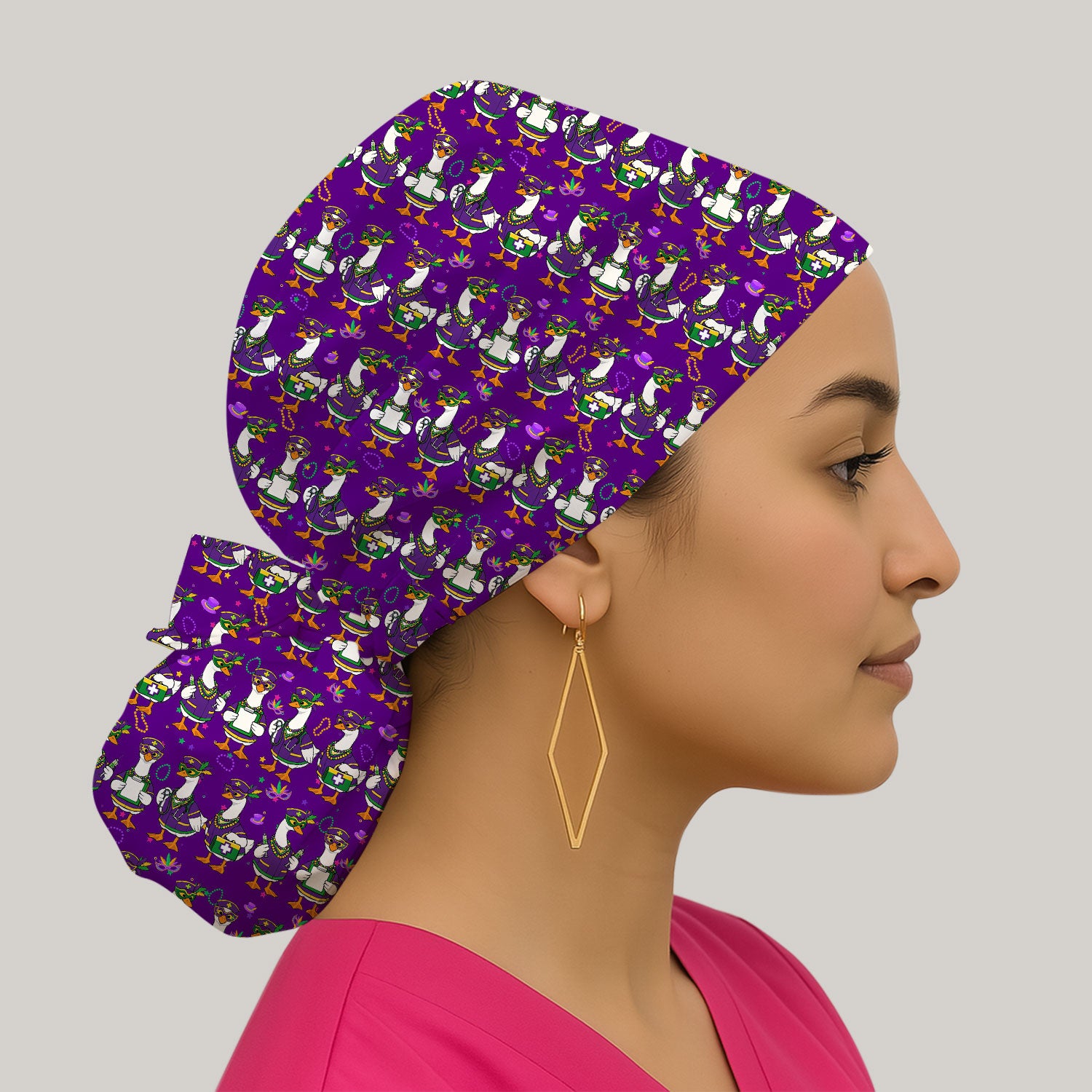 Mardi Gras Nurse Goose Scrub Cap, Purple Carnival Parade Medical Pattern Nurse Hat, Breathable Fabrics Nursing Uniform