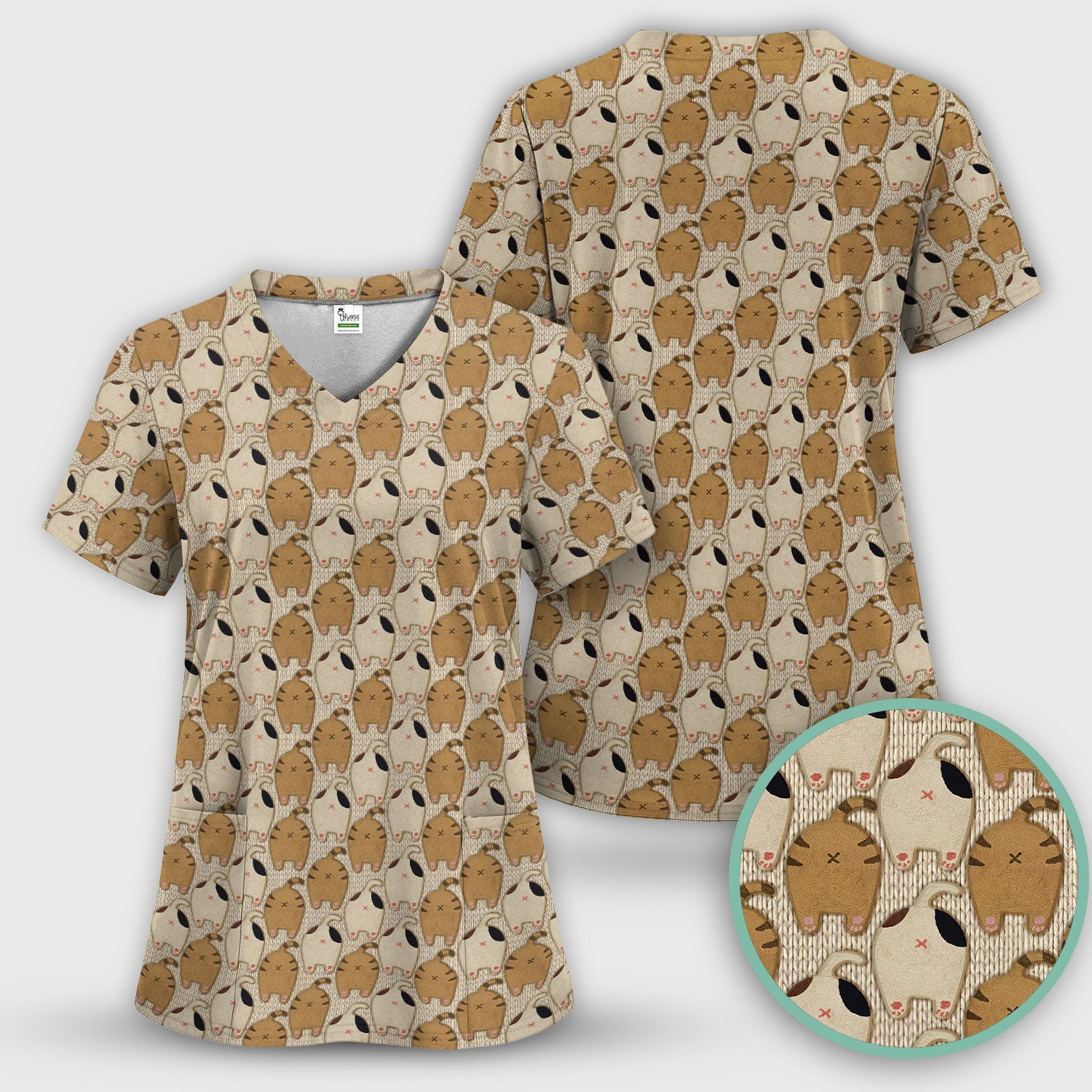 Cute Cat Nurse Scrub Top, Cozy Minimal Animal Pattern Medical Shirt, Breathable Fabrics Nursing Uniform