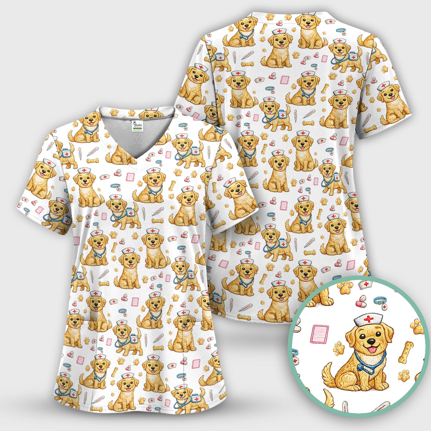 Cute Puppy Nurse Medical Print Scrub Top, Comfortable Scrubs for Nurses