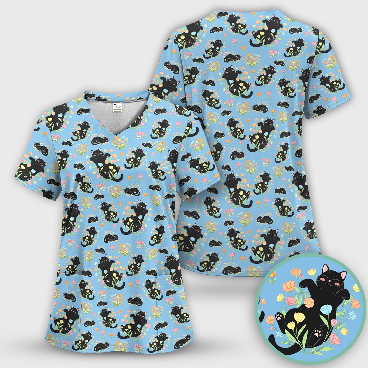 Cats With Cute Poses Floral Pattern Scrubs Top, Comfortable Scrubs for Nurses