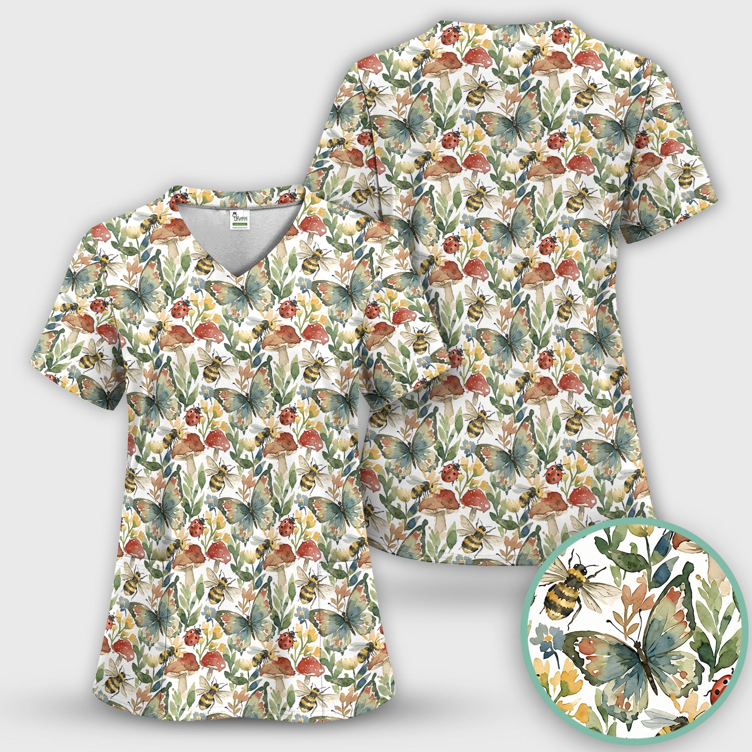 Butterfly Bee With Floral Mushroom Scrub Set, Scrub Pants and V Neck Top