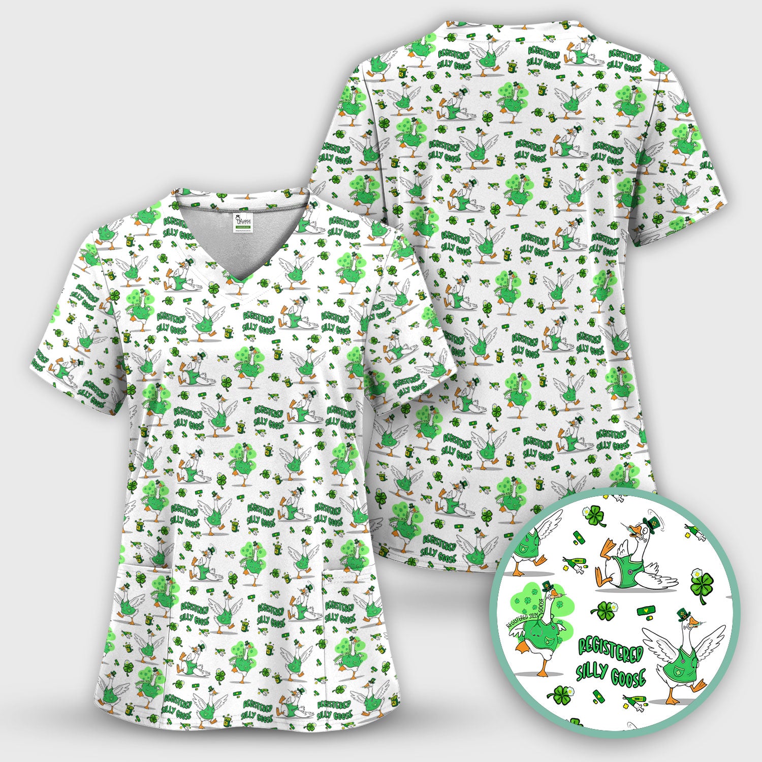Silly Goose St. Patrick’s Day Scrub Top, Funny Goose Shamrock Pattern Nurse Scrub Shirt, Irish Green Nursing Uniform