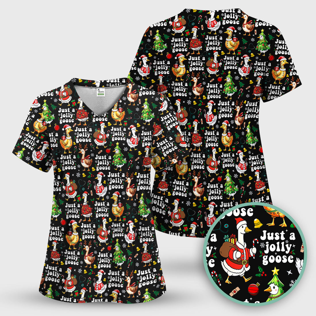 Just a Jolly Goose Funny Christmas Scrub Top - Holiday Medical Uniform for Nurse - Santa Goose Shirt Gift for Women