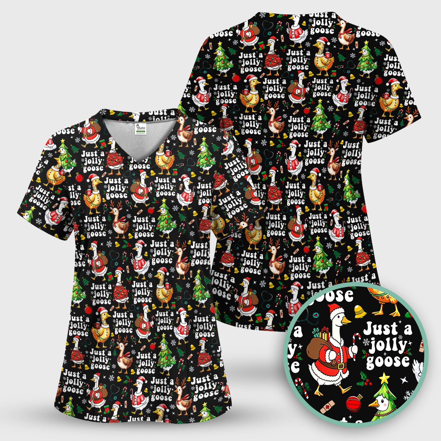 Just a Jolly Goose Funny Christmas Scrub Top - Holiday Medical Uniform for Nurse - Santa Goose Shirt Gift for Women