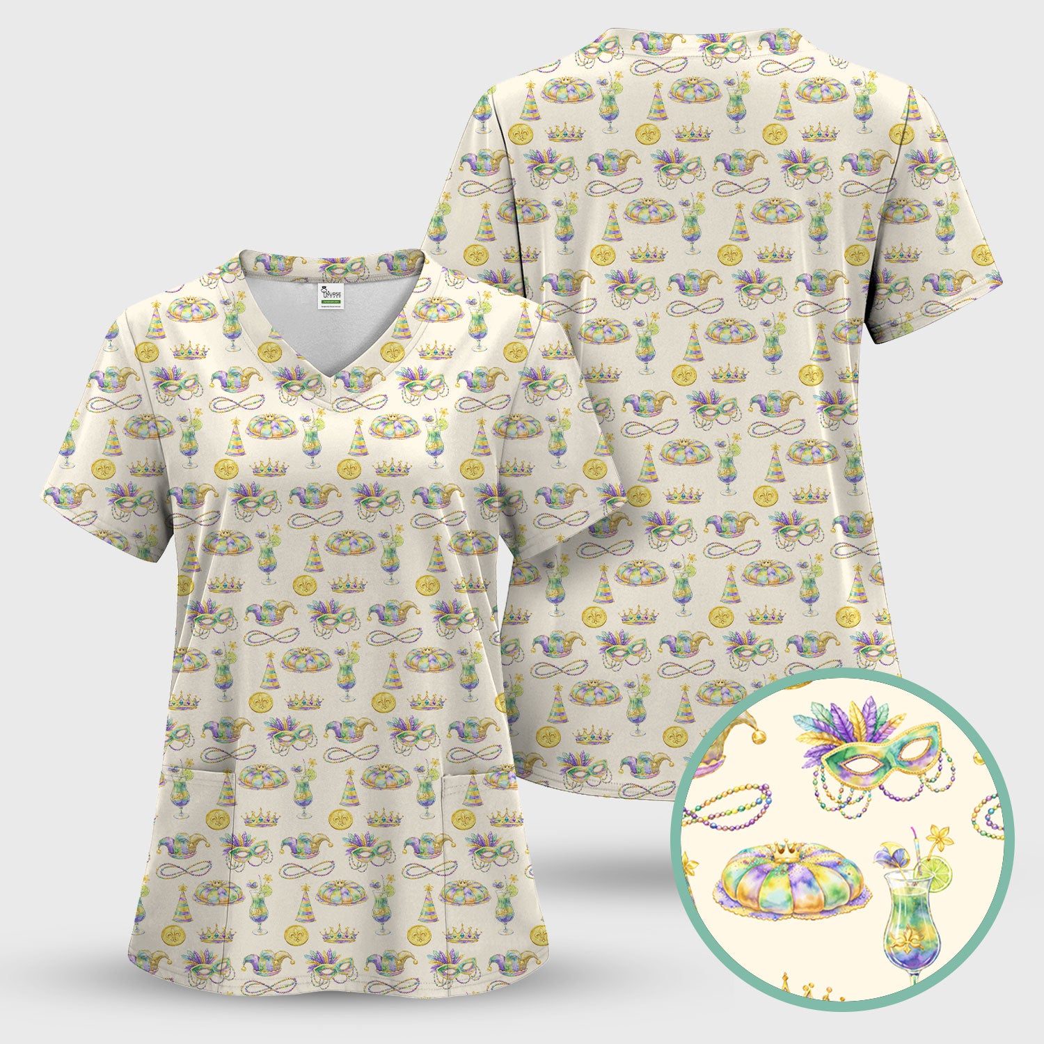 Mardi Gras Mask Scrub Top, Elegant Carnival Pattern Nurse Shirt For Women, Breathable Fabrics Nursing Uniform