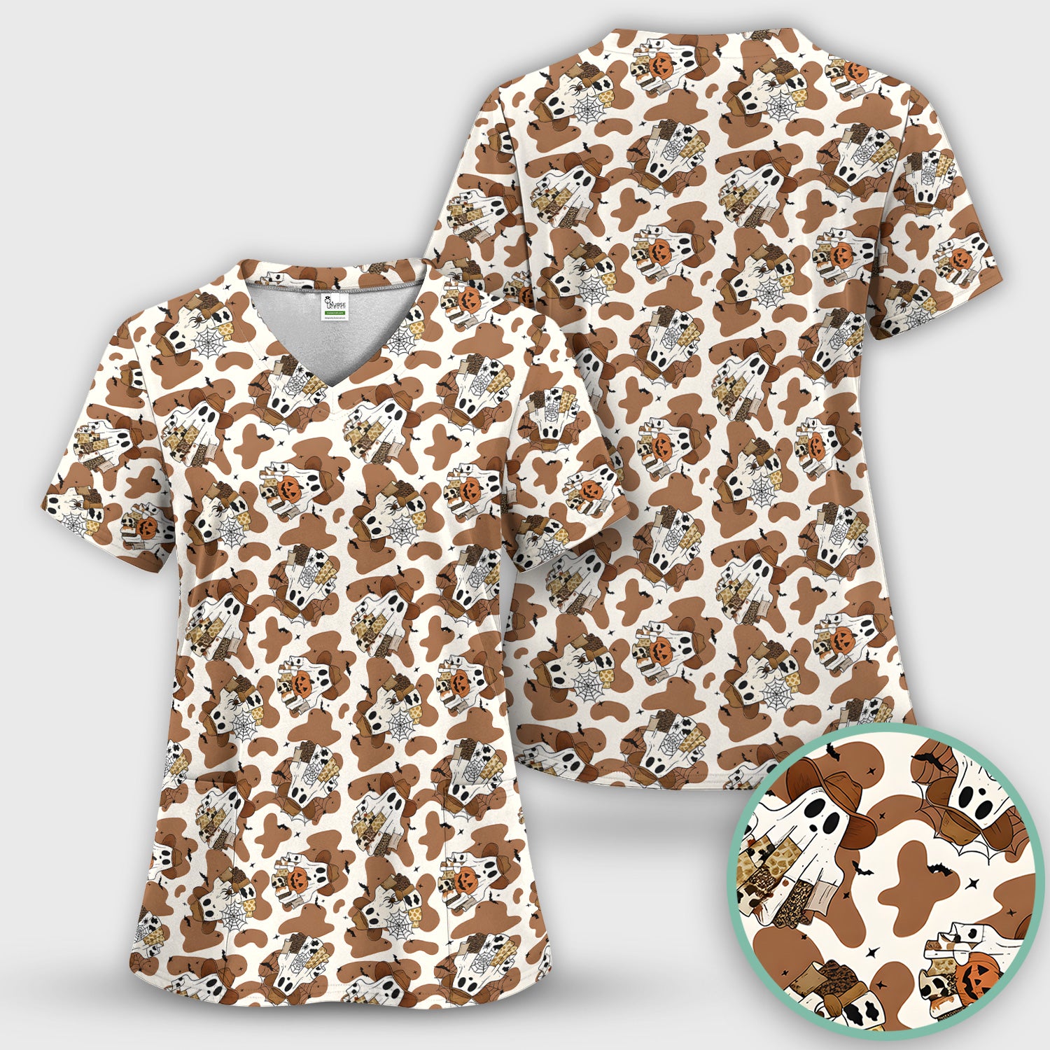 Halloween Cow Ghost Print Scrub Set, Scrub Pants and V Neck Top
