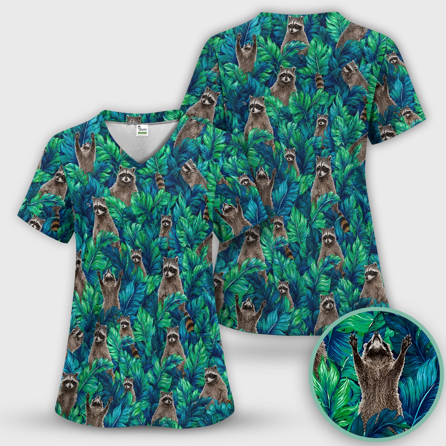 Tropical Raccoon Jungle Leaves Pattern Scrub Set, Scrub Pants and V Neck Top