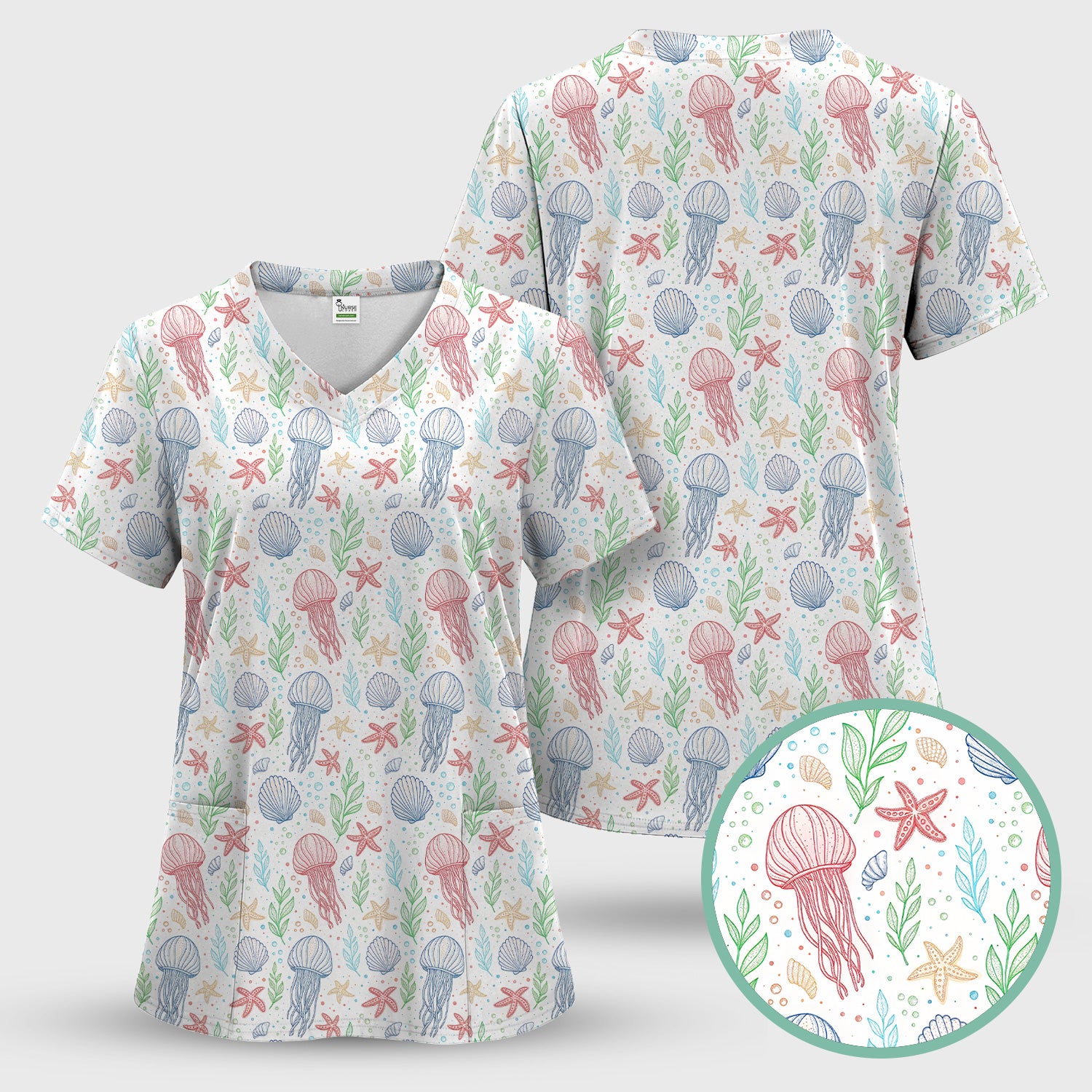 Cute Jellyfish Ocean World Pattern Scrub Top, Comfortable Scrubs for Nurses