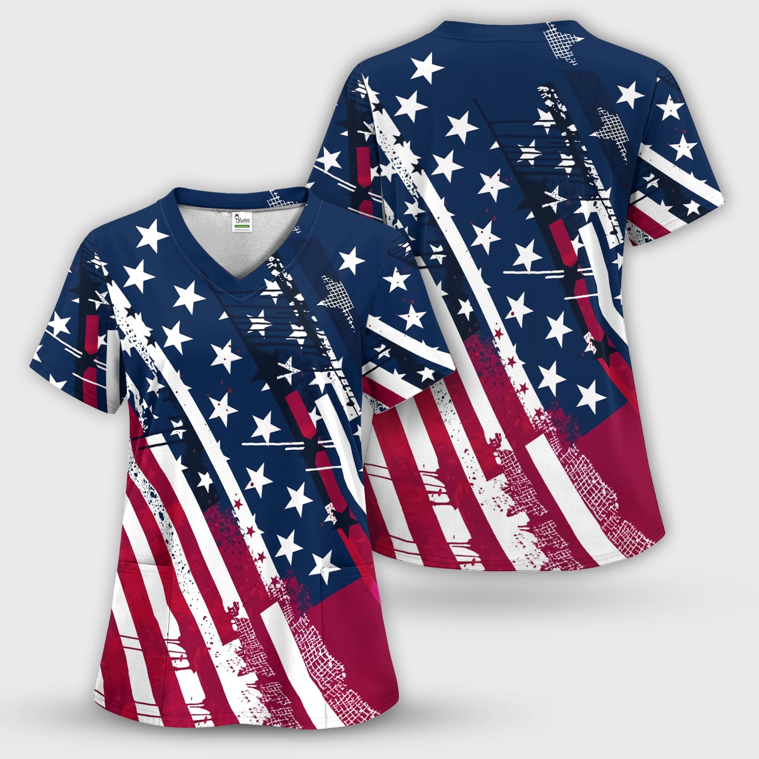 Patriotic USA Flag Stars And Stripes Grunge Pattern Scrub Set, Scrub Pants and V Neck Top