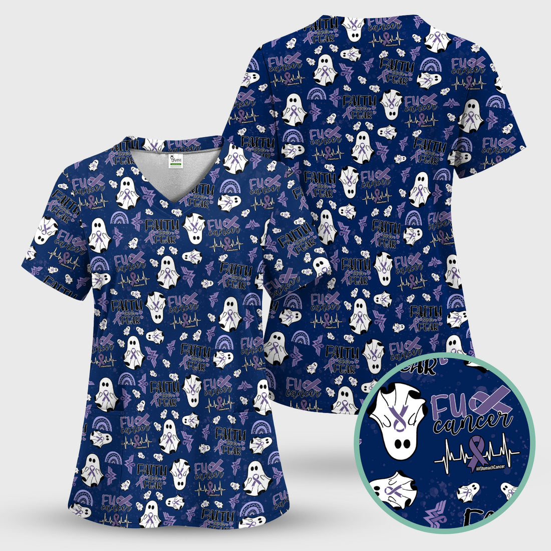 Periwinkle Ribbon Stomach Cancer Scrub Top - Awareness Nurse Shirt - November Warrior Survivor Medical Uniform Gift