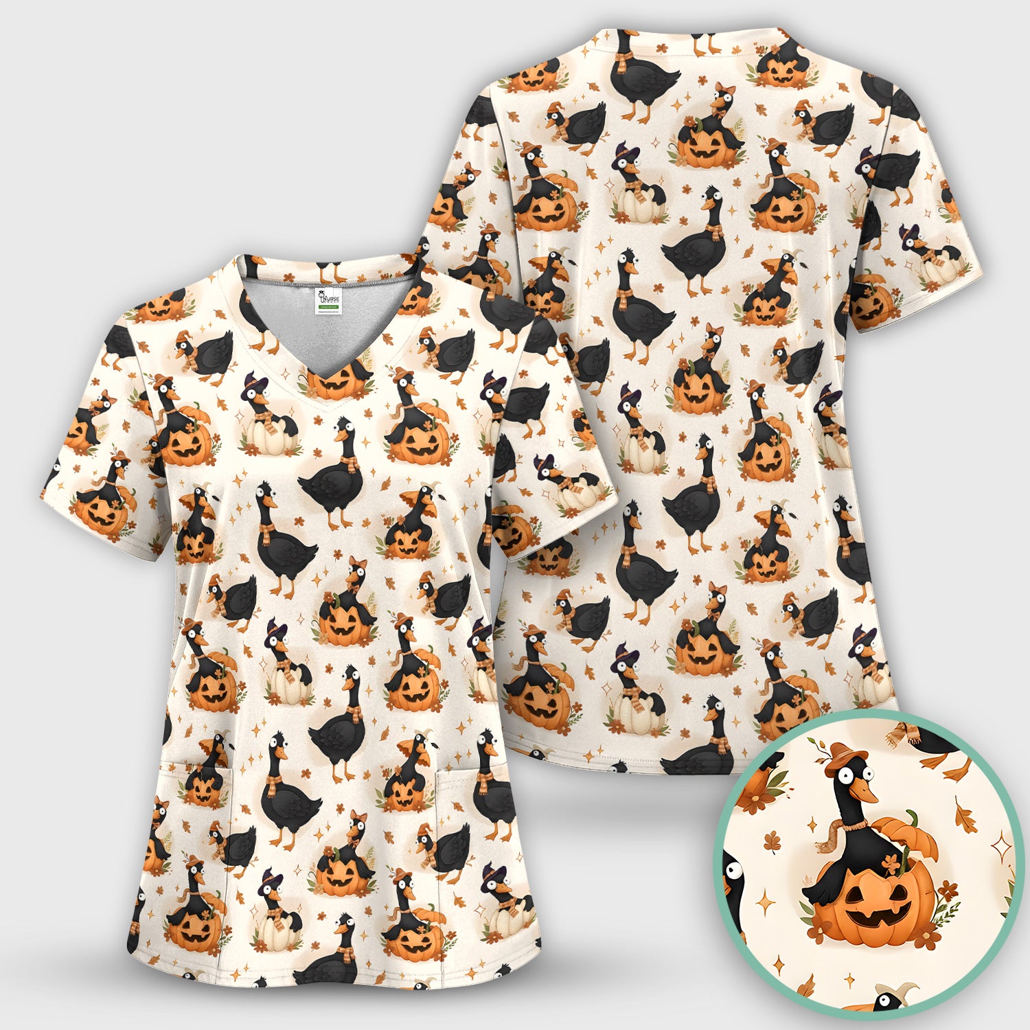 Pumpkin Black Goose Print Scrub Top, Comfortable Scrubs for Nurses