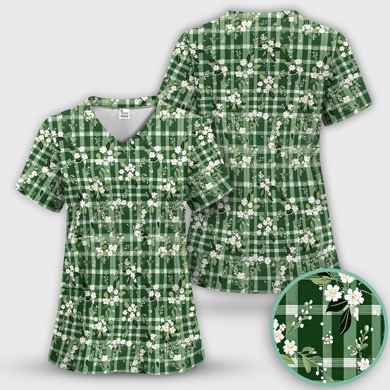 Cute Green Gingham Floral Print Scrub Set, Women's Scrub Sets