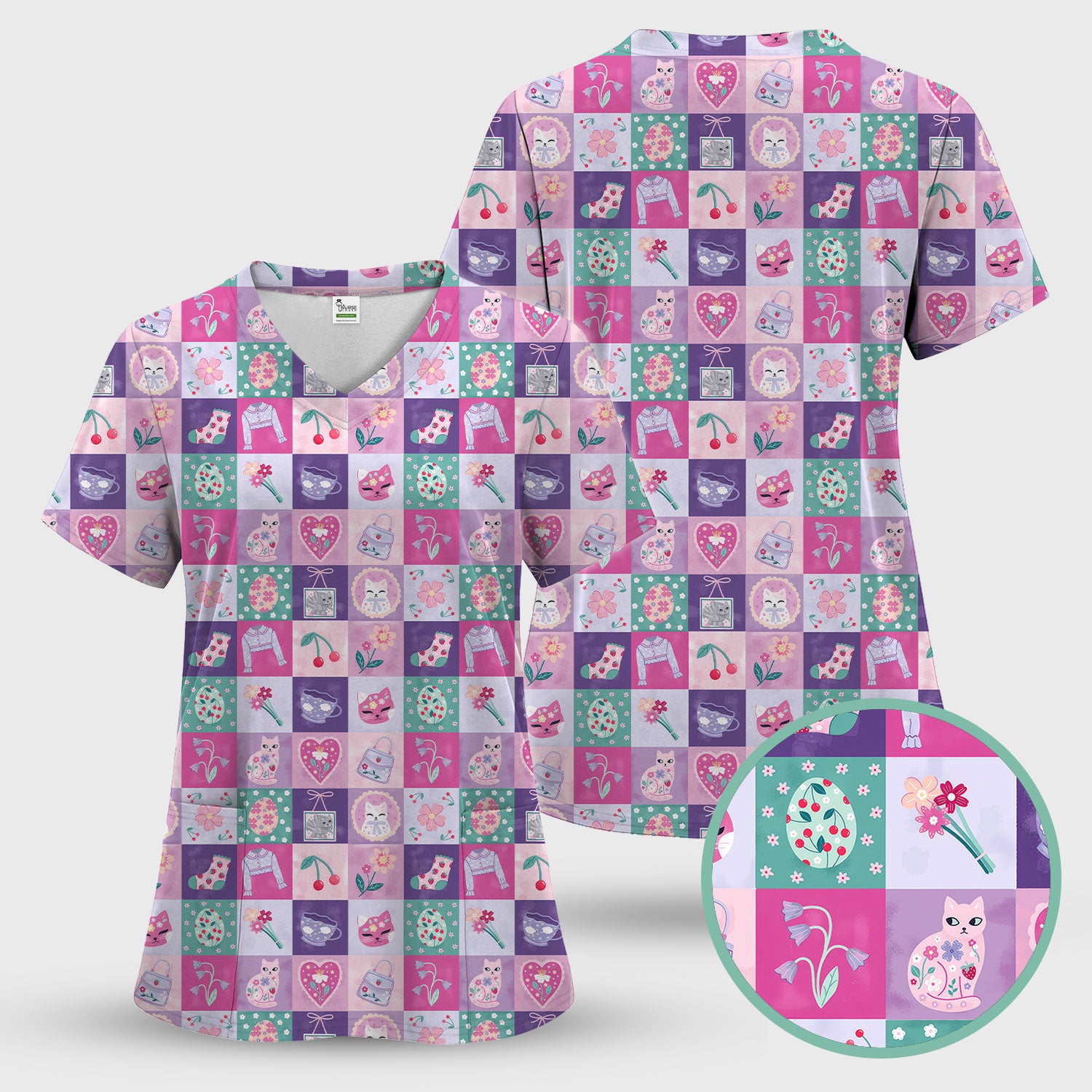 Pastel Cat Patchwork Scrub Top, Kawaii Floral Nursing Uniform