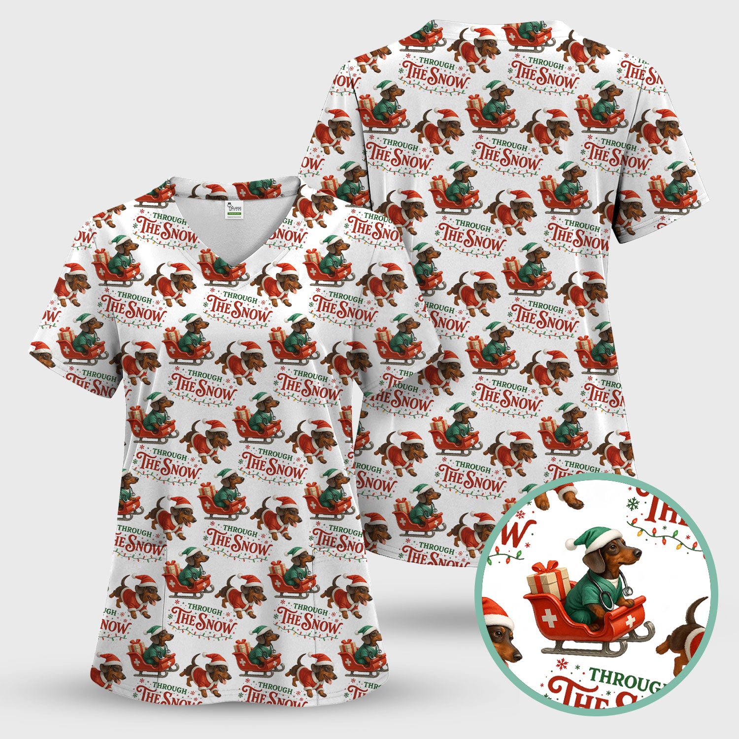 Dachshund Christmas Scrub Top, Cute Dog Nurse Scrub Shirt, Through The Snow Pattern Nursing Uniform