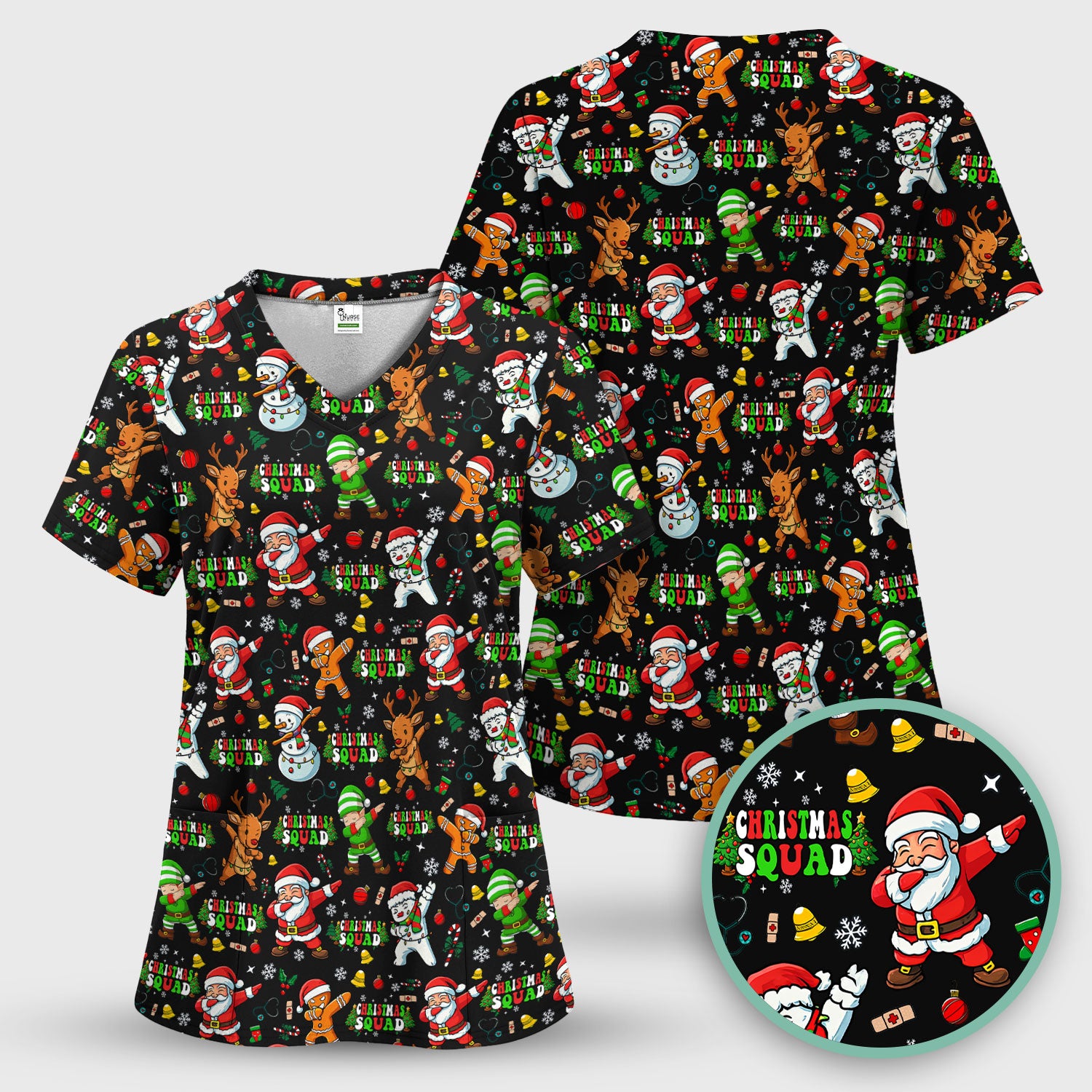 Christmas Squad Scrub Top - Funny Santa & Reindeer Shirt - Cute Holiday Medical Uniform for Nurses, Doctors & Vet Techs