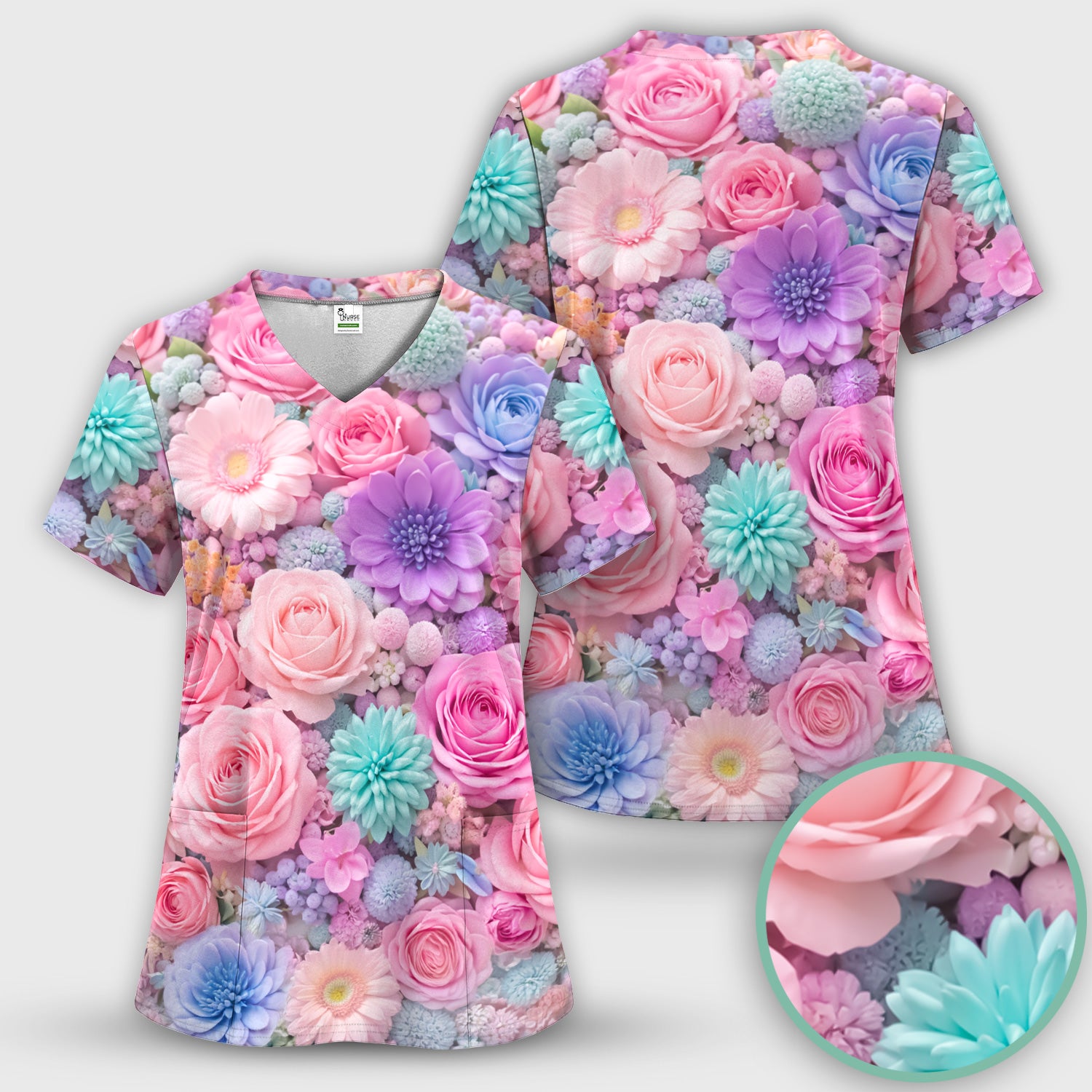 Pastel Floral Dream Scrub Top, Soft Pink Rose & Candy Color Bloom Nursing Uniform