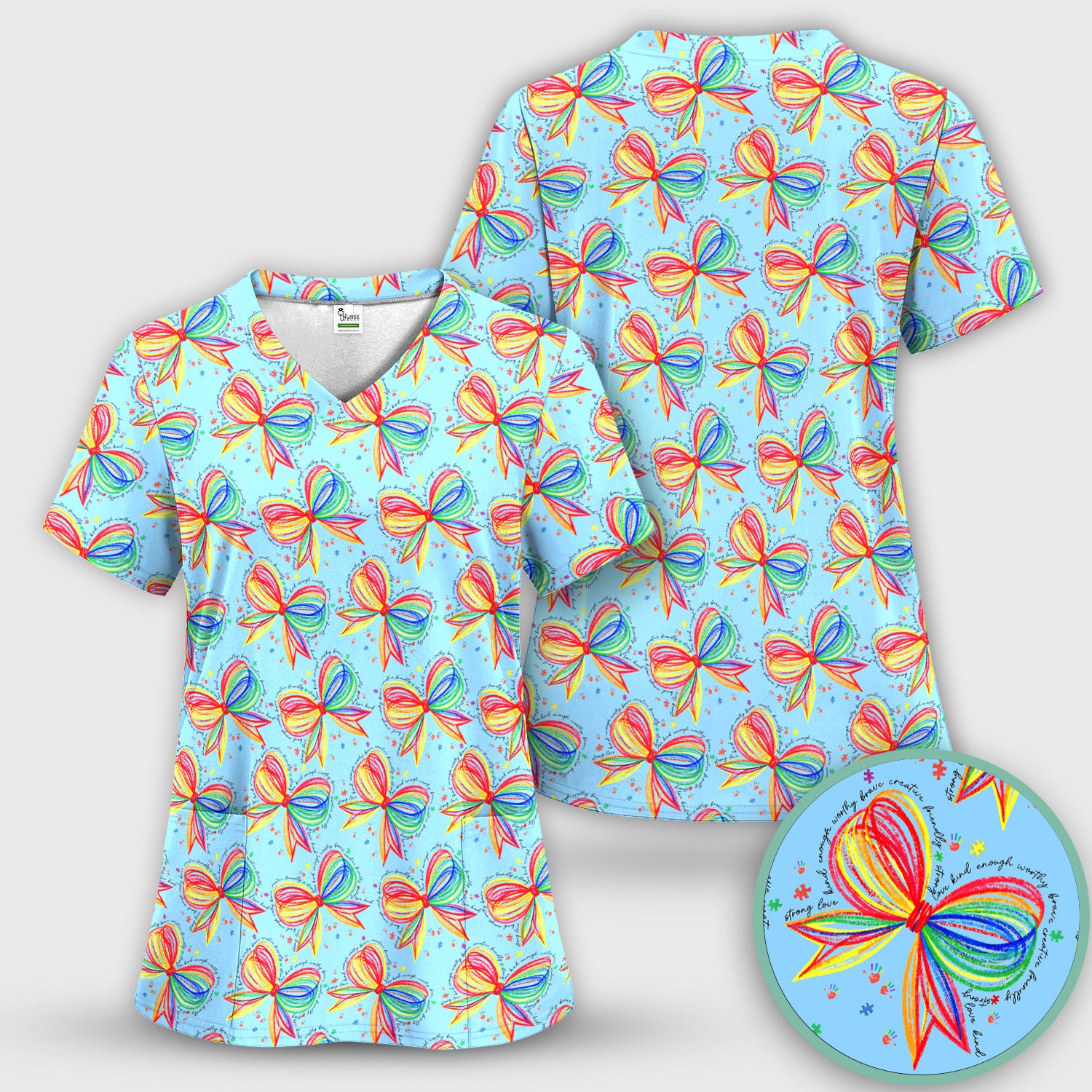 Colorful Rainbow Bow Pattern Scrub Top, Comfortable Scrubs for Nurses