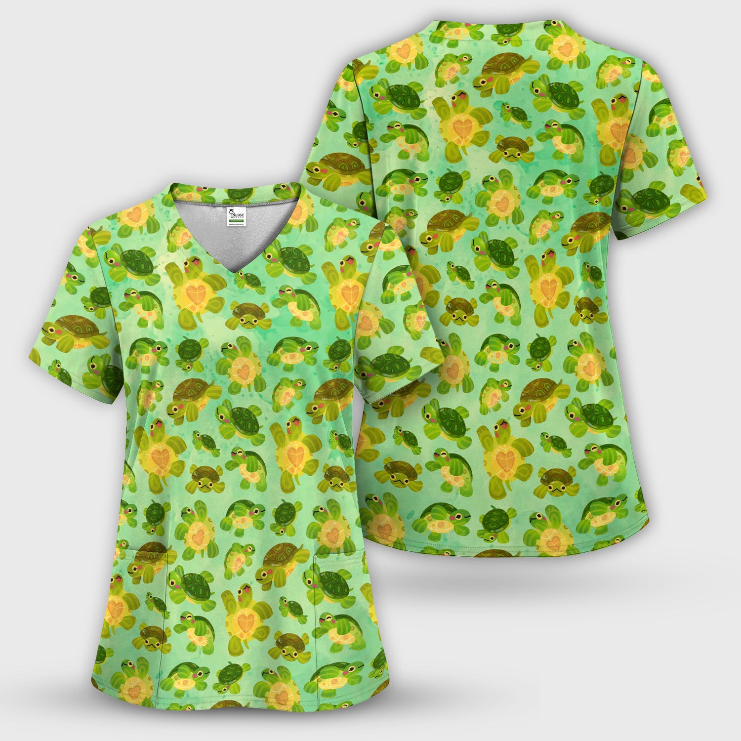 Cute Green Sea Turtle Pattern Scrubs Top, Breathable Fabrics Nursing Uniform
