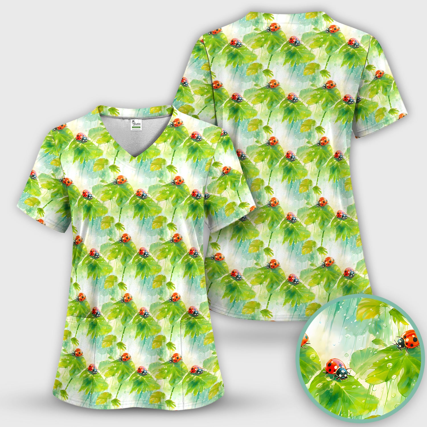 Ladybugs On Rainy Leaves Pattern Scrub Set, Scrub Pants and V Neck Top