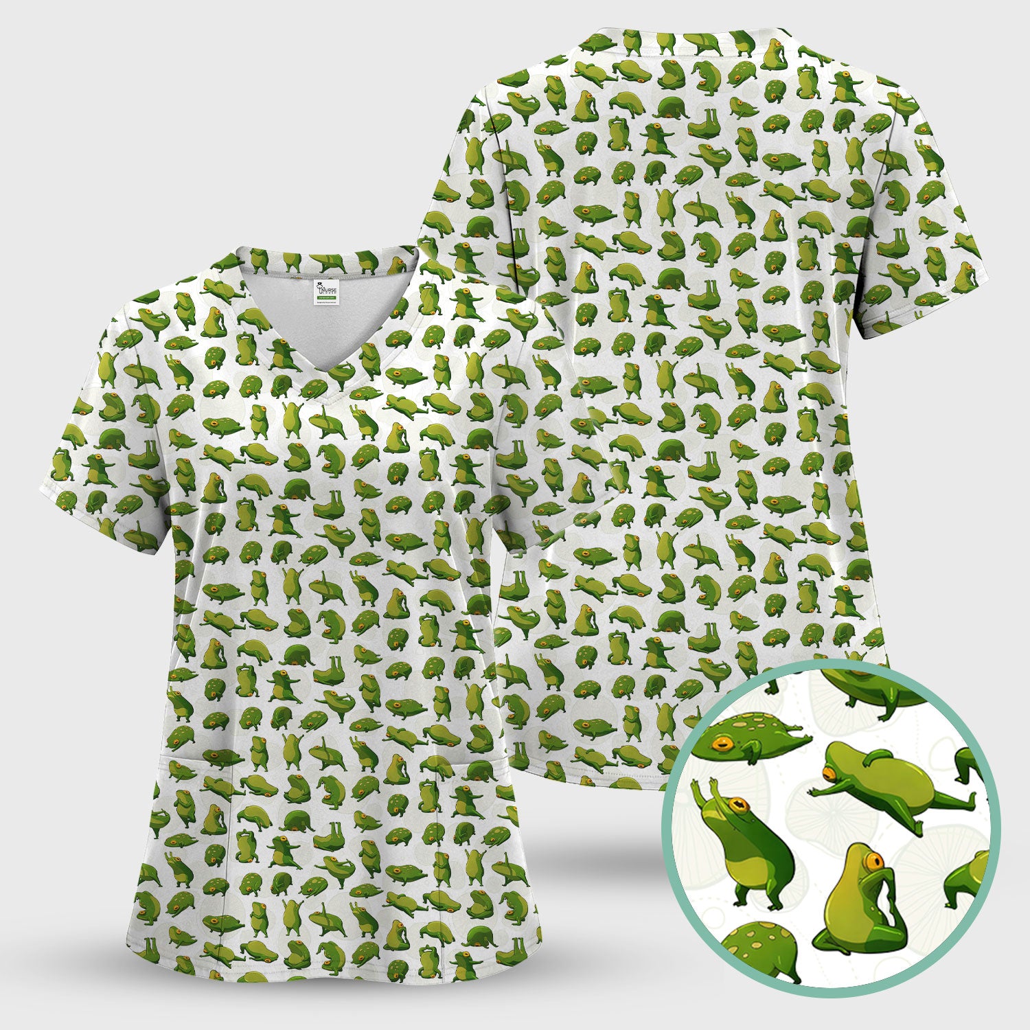 Cute Frog Cartoon Pattern Scrub Top, Comfortable Scrubs for Nurses