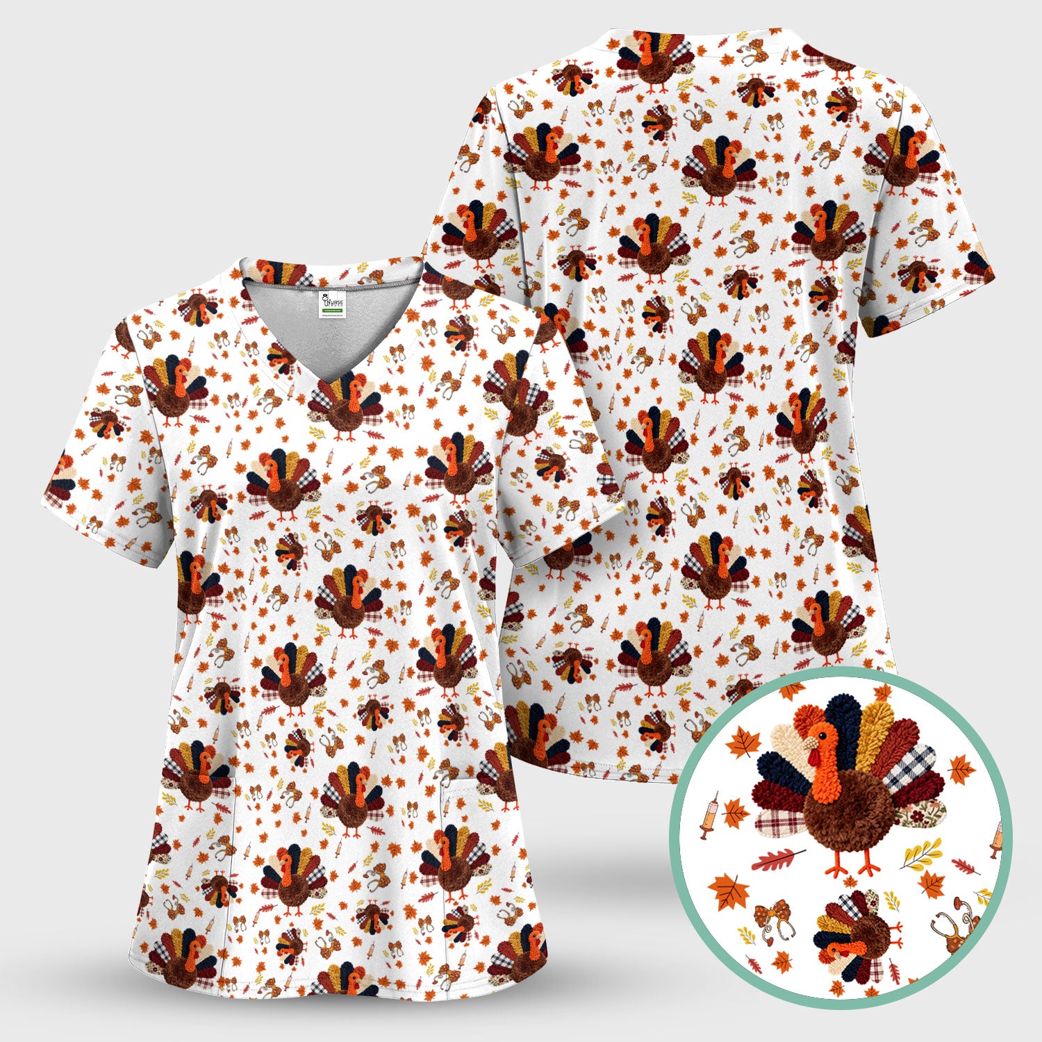 Thanksgiving Comfortable Scrubs for Nurses - Funny Autumn Turkey Shirt - Breathable Fabrics Nursing Uniform