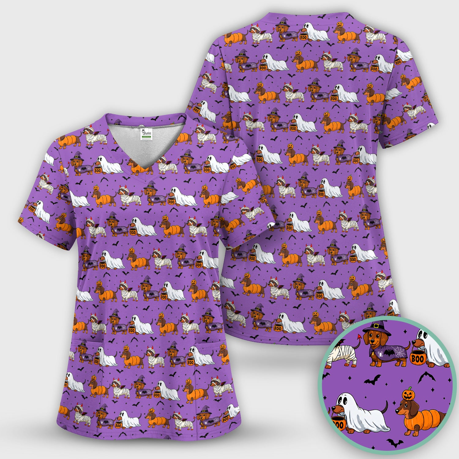 Halloween Dachshund for Veterinary Staff Scrub Set, Scrub Pants and V Neck Top