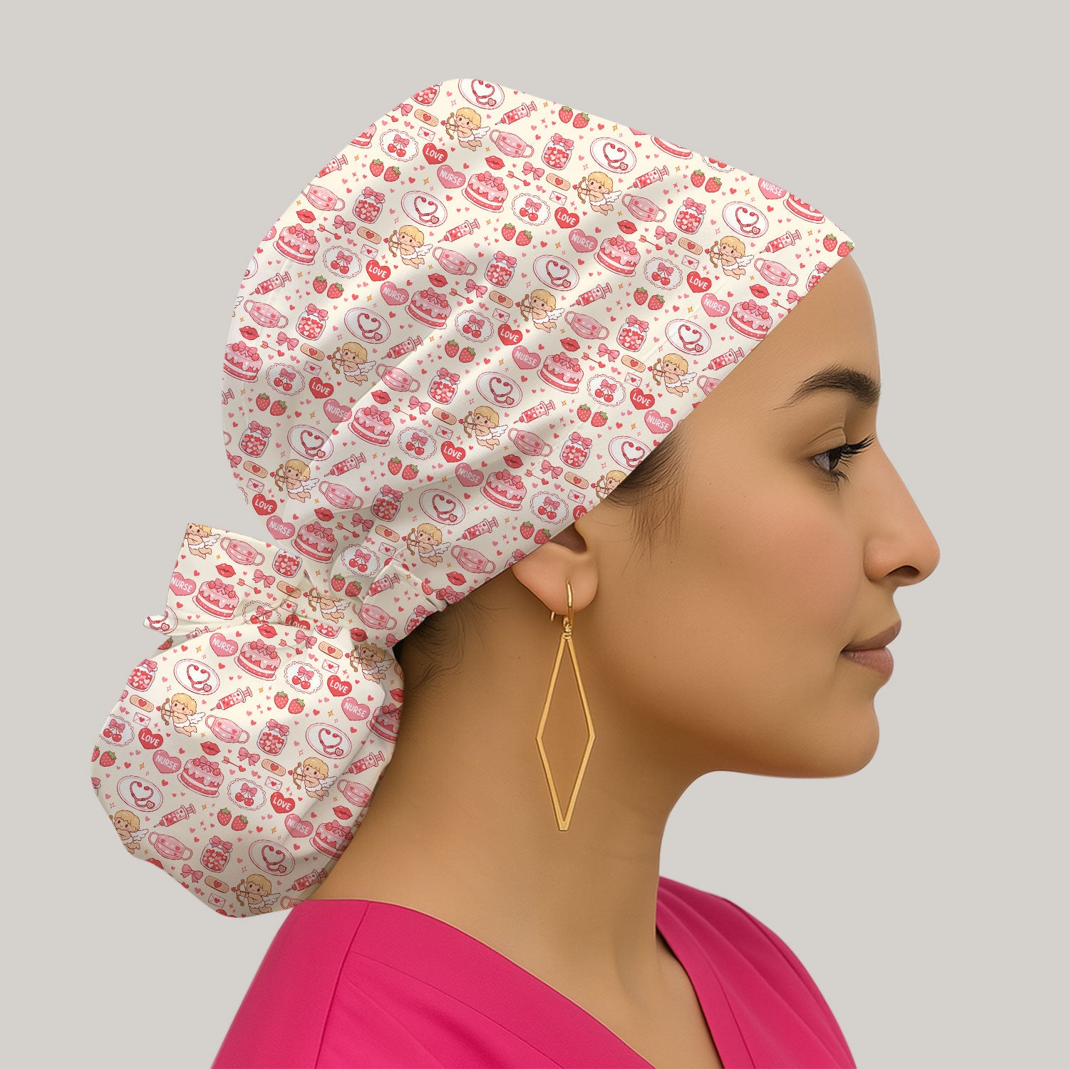 Cupid Nurse Scrub Cap, Cute Love Medical Pattern Hat For Valentine, Breathable Fabrics Nursing Uniform