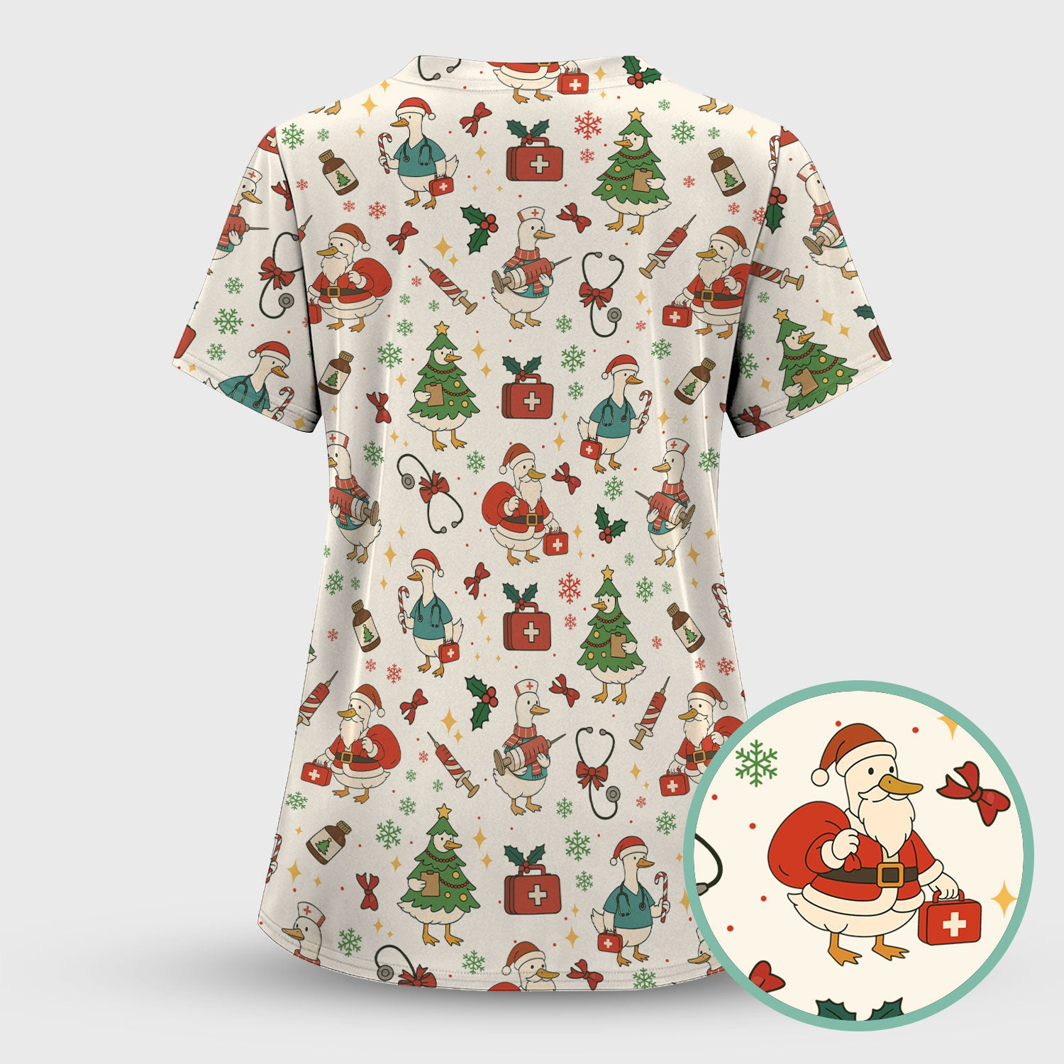 Funny Christmas Duck Nurse Scrub Top - Cute Santa Pattern Holiday Shirt for Women - Festive Nursing Outfit Gift for RN LPN CNA