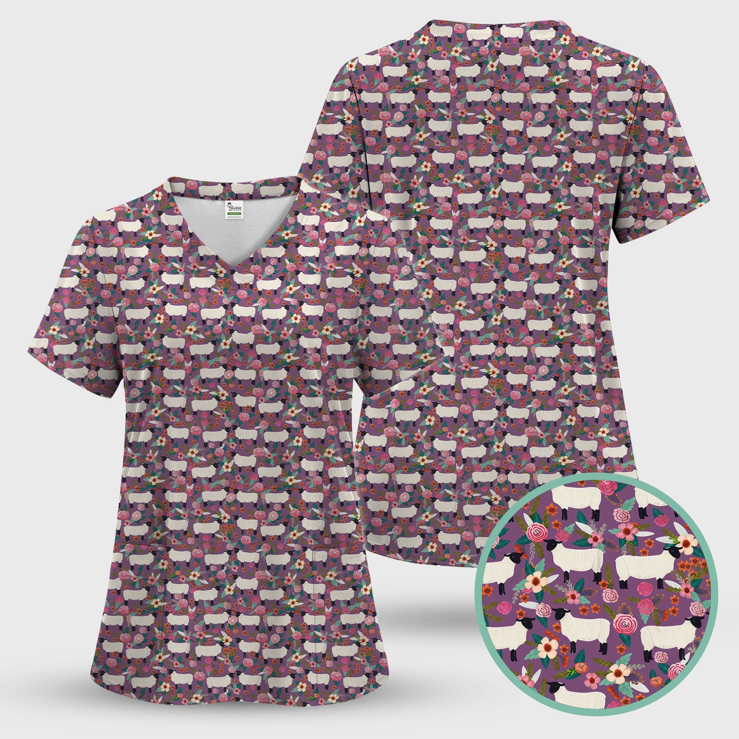 Cute Sheep Floral Meadow Pattern Scrub Set, Nurse Uniform Scrubs Set