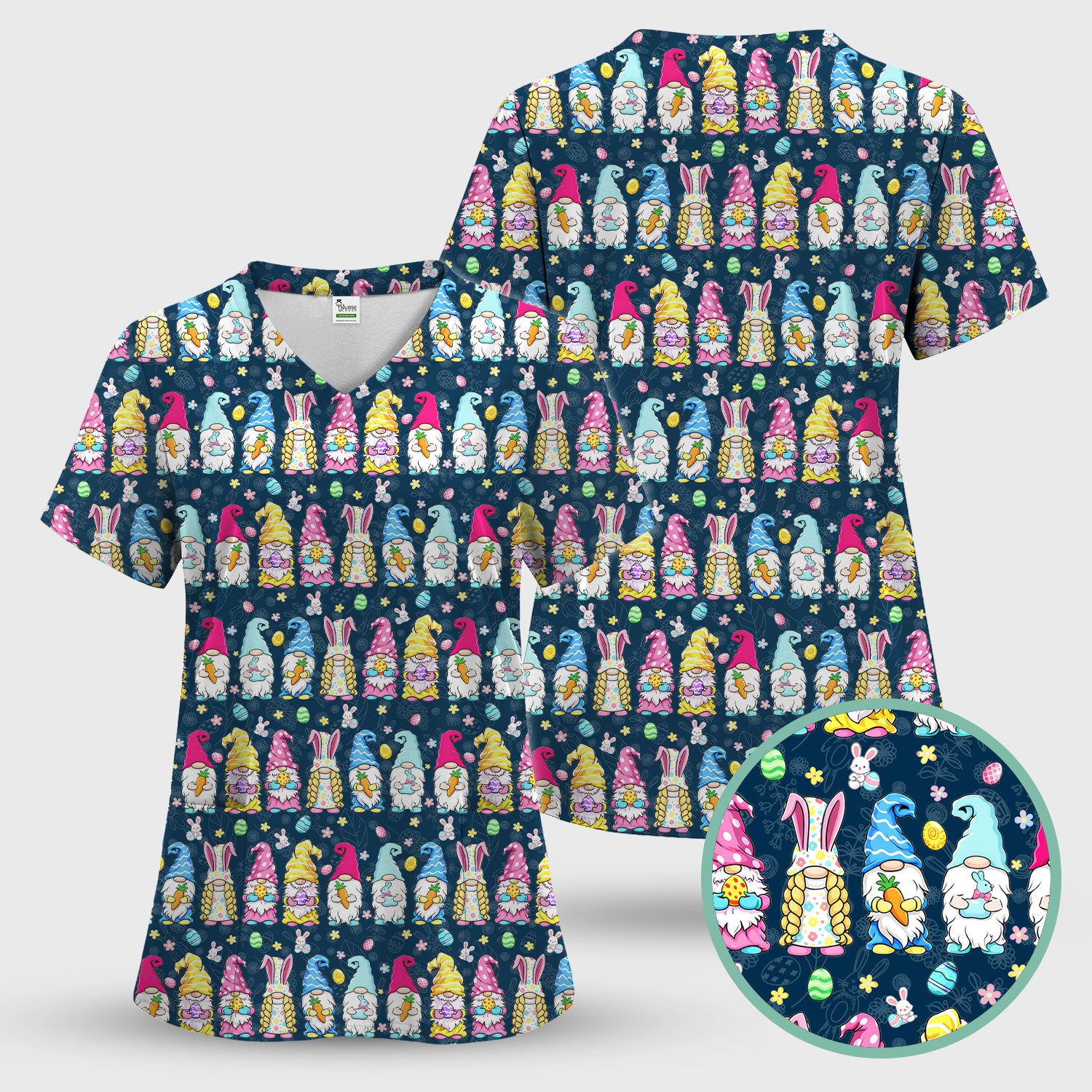 Colorful Easter Gnome Bunny Eggs Pattern Scrub Set, Women's Scrub Sets