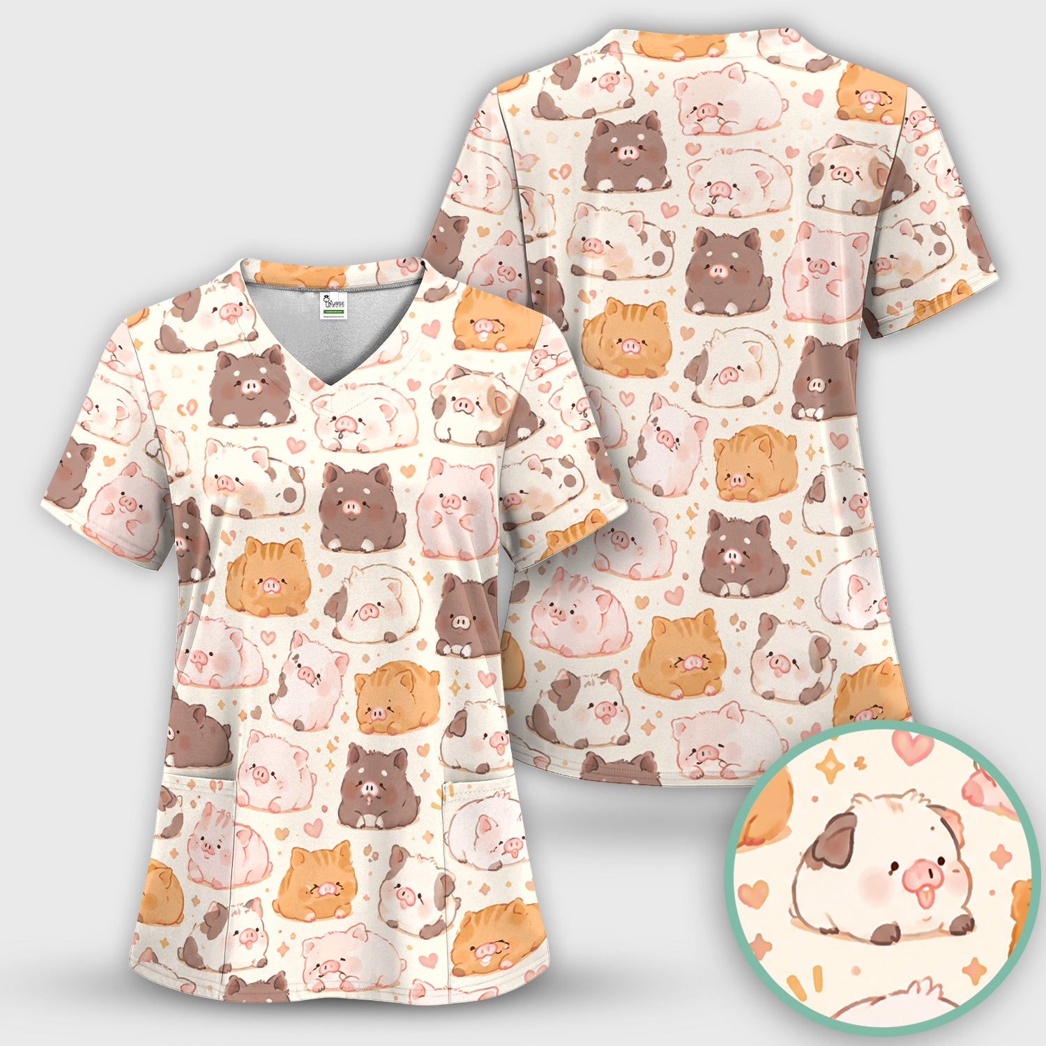 Cute Chubby Pig Nurse Print Scrub Set, Scrub Pants and V Neck Top
