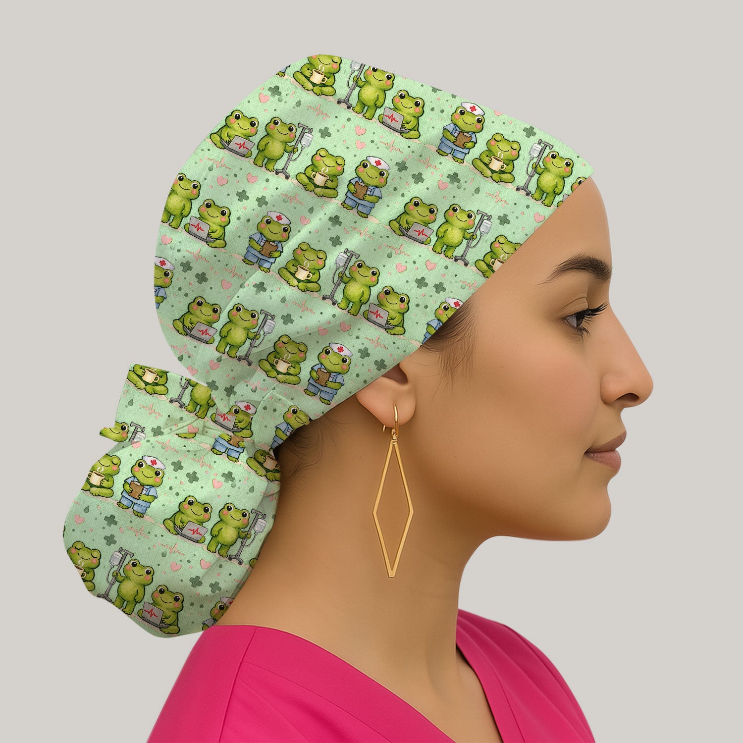 Adorable Frog Nurse Various Poses Print Bouffant Cap, Surgical Caps for Doctors