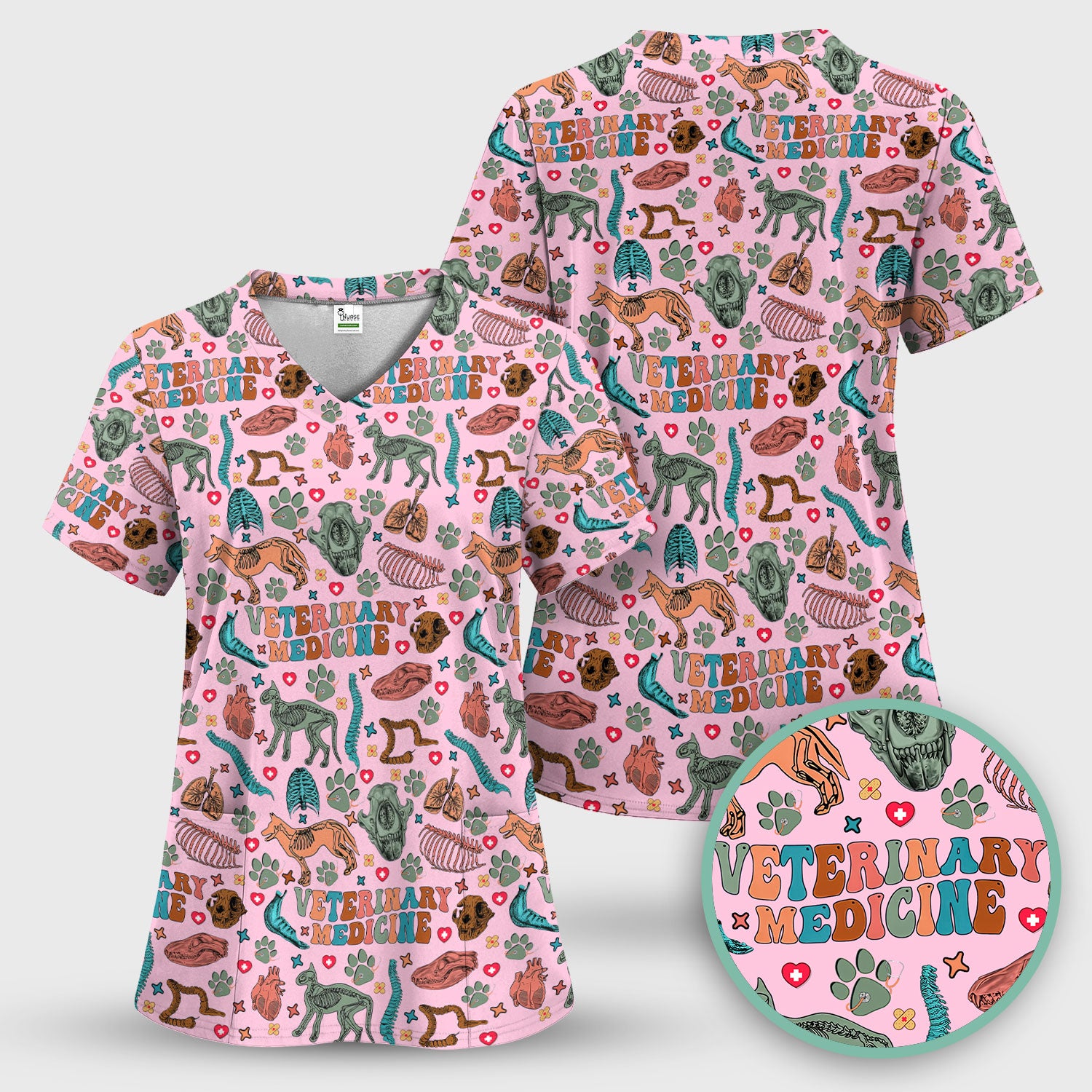 Veterinary Medicine Scrub Top - Cute Animal Anatomy Pattern Medical Shirt - Fun Vet Tech Nurse Scrubs for Women