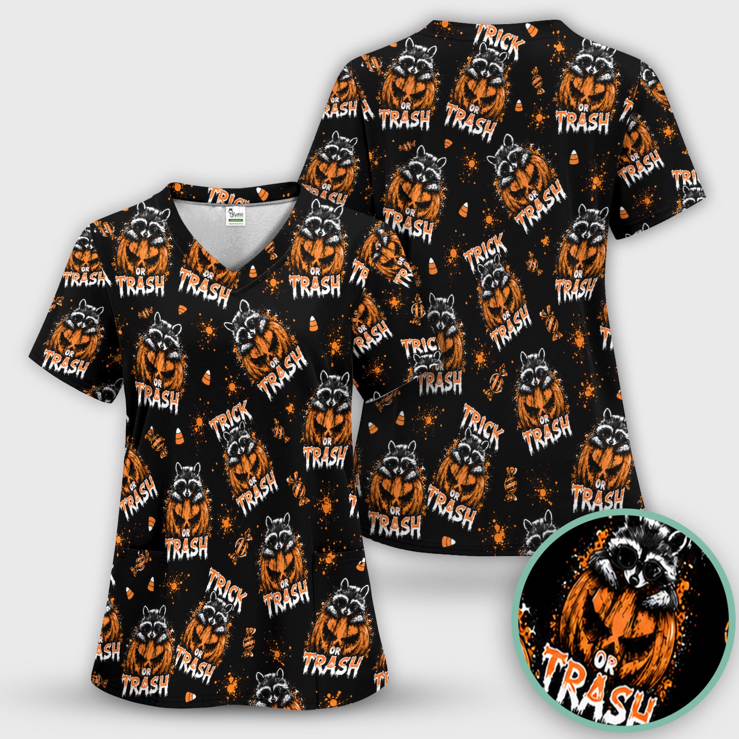 Funny Halloween Trick Or Trash Raccoon Scrub Top, Comfortable Scrubs for Nurses