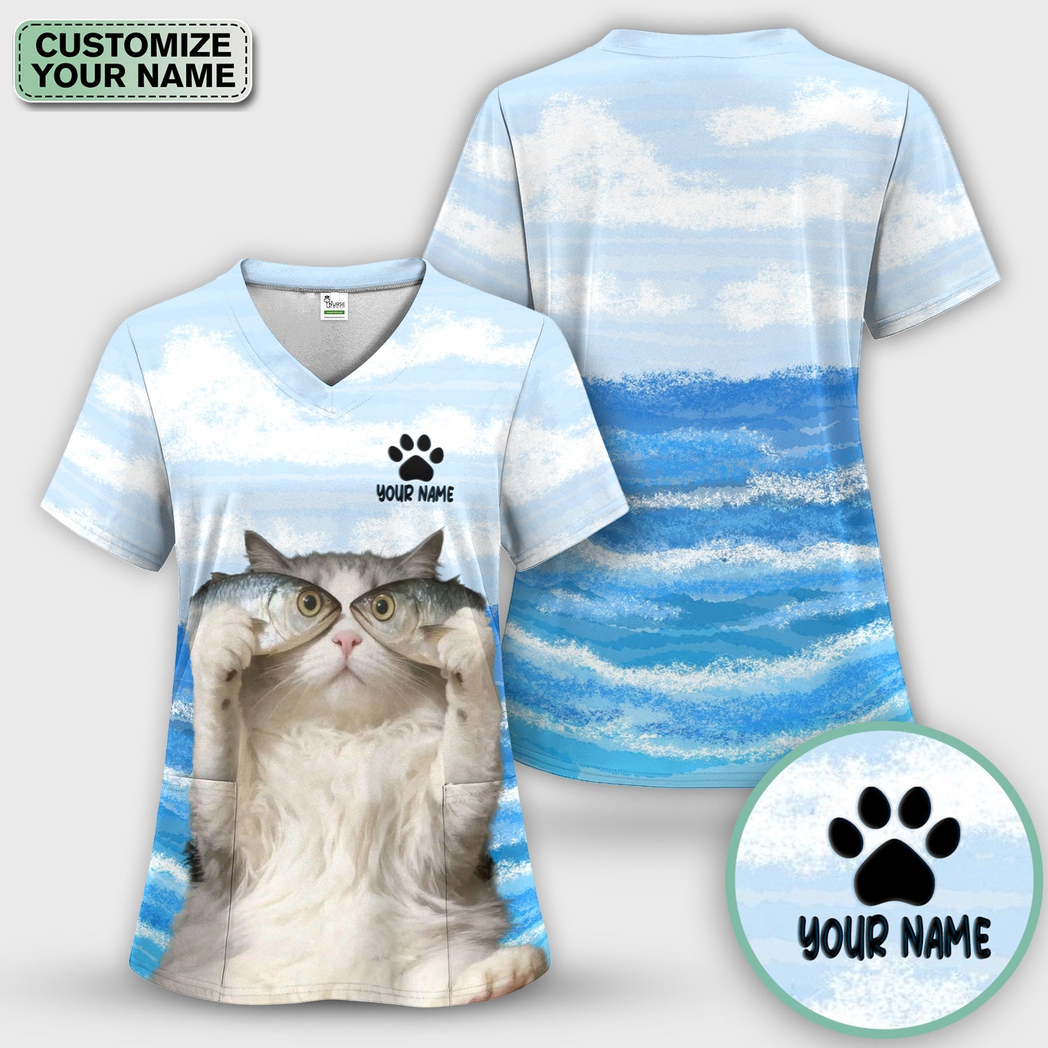 Personalized Cat Holding Fish Pattern Nurse Scrub Set, Scrub Pants and V Neck Top