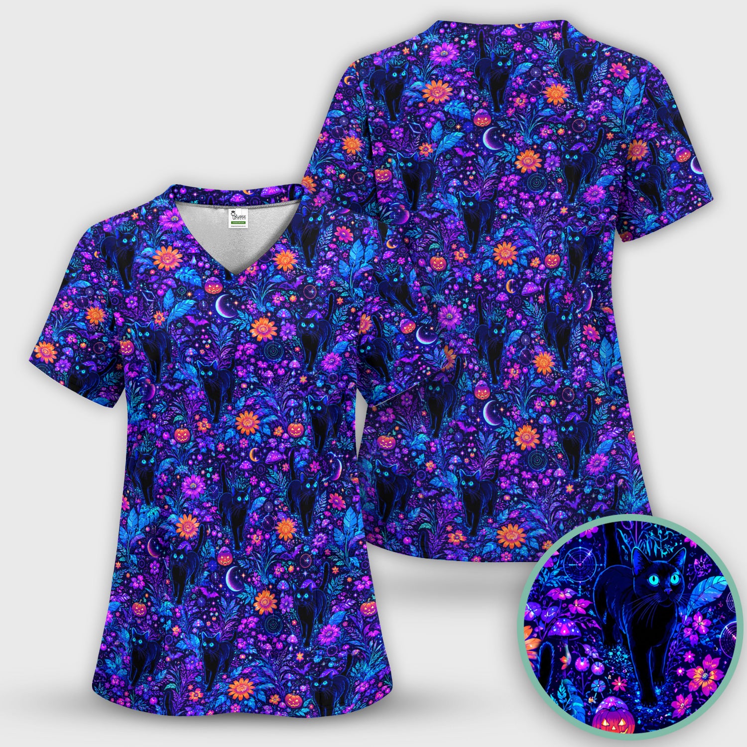 Halloween Black Cat Floral Print Scrub Top, Comfortable Scrubs for Nurses