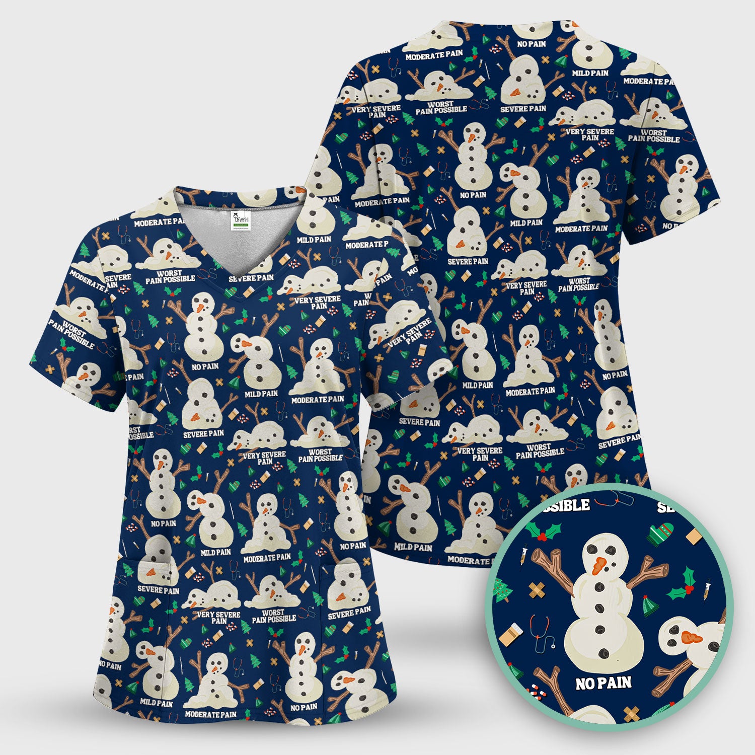Funny Snowman Pain Scale Scrub Top for Nurse - Christmas Medical Shirt for Women RN LPN CNA - Cute Winter Nursing Uniform