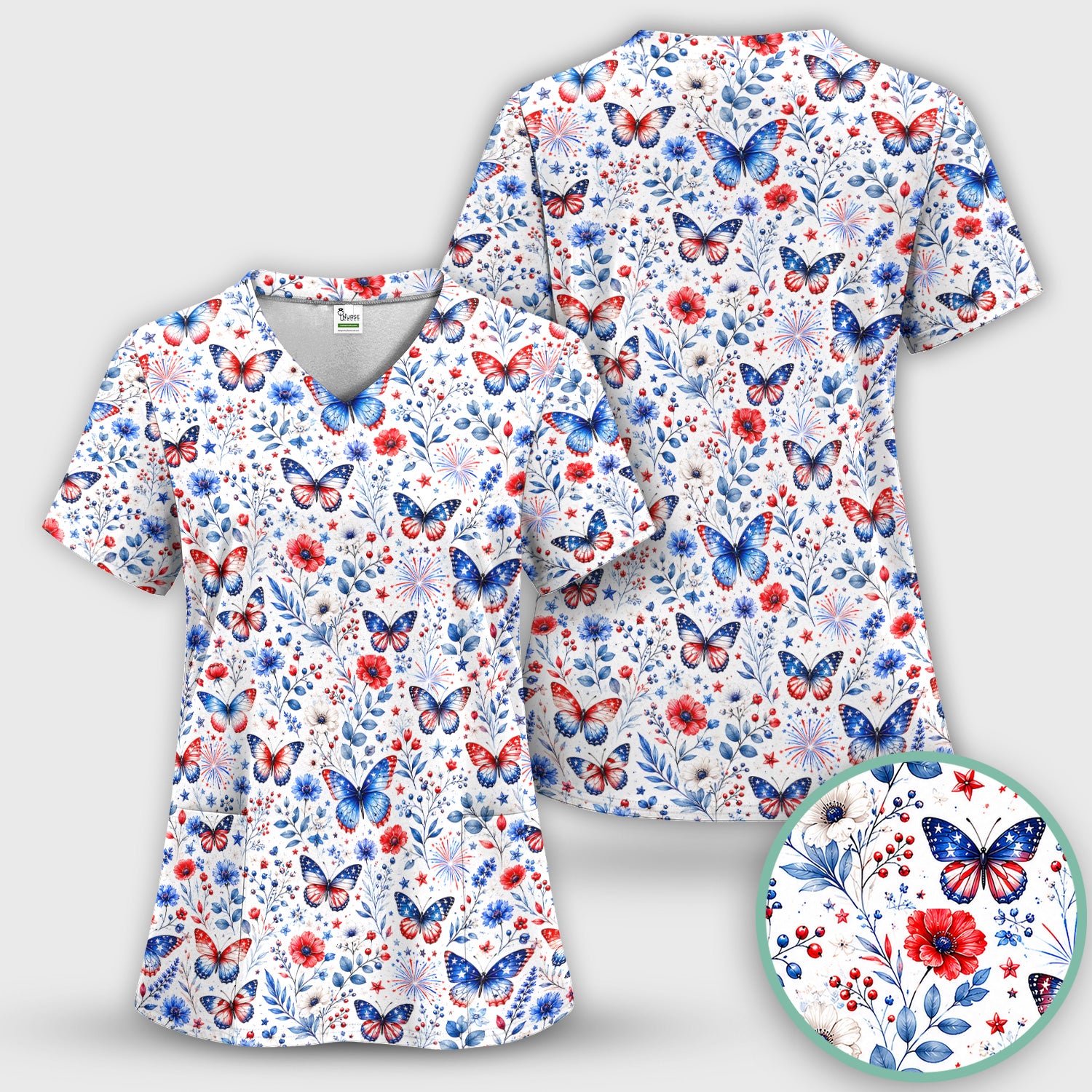 Patriotic Butterfly Fireworks Floral Pattern Scrub Top, Comfortable Scrubs for Nurses