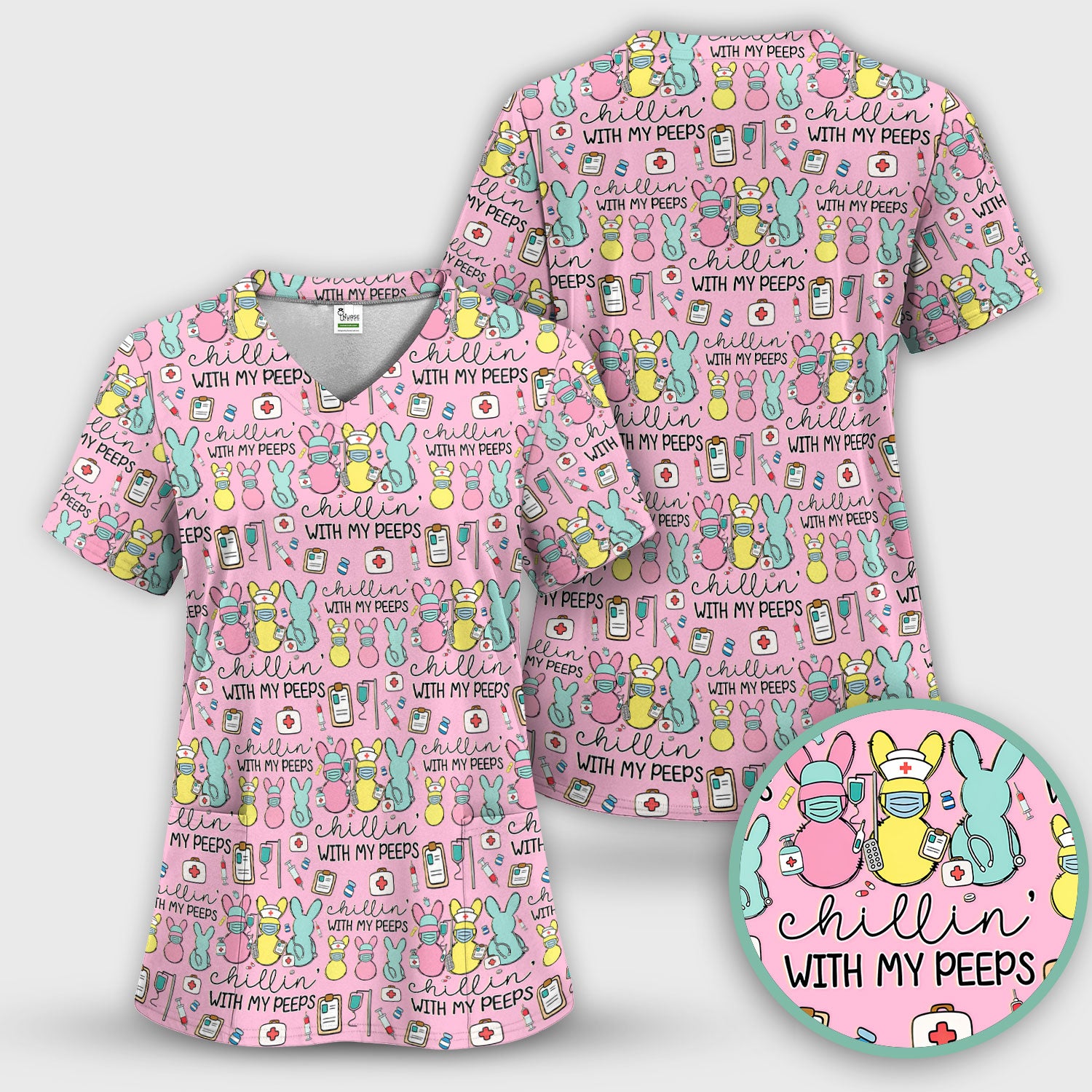 Cute Bunny Nurse Chillin With My Peeps Scrub Top, Comfortable Scrubs for Nurses, Easter